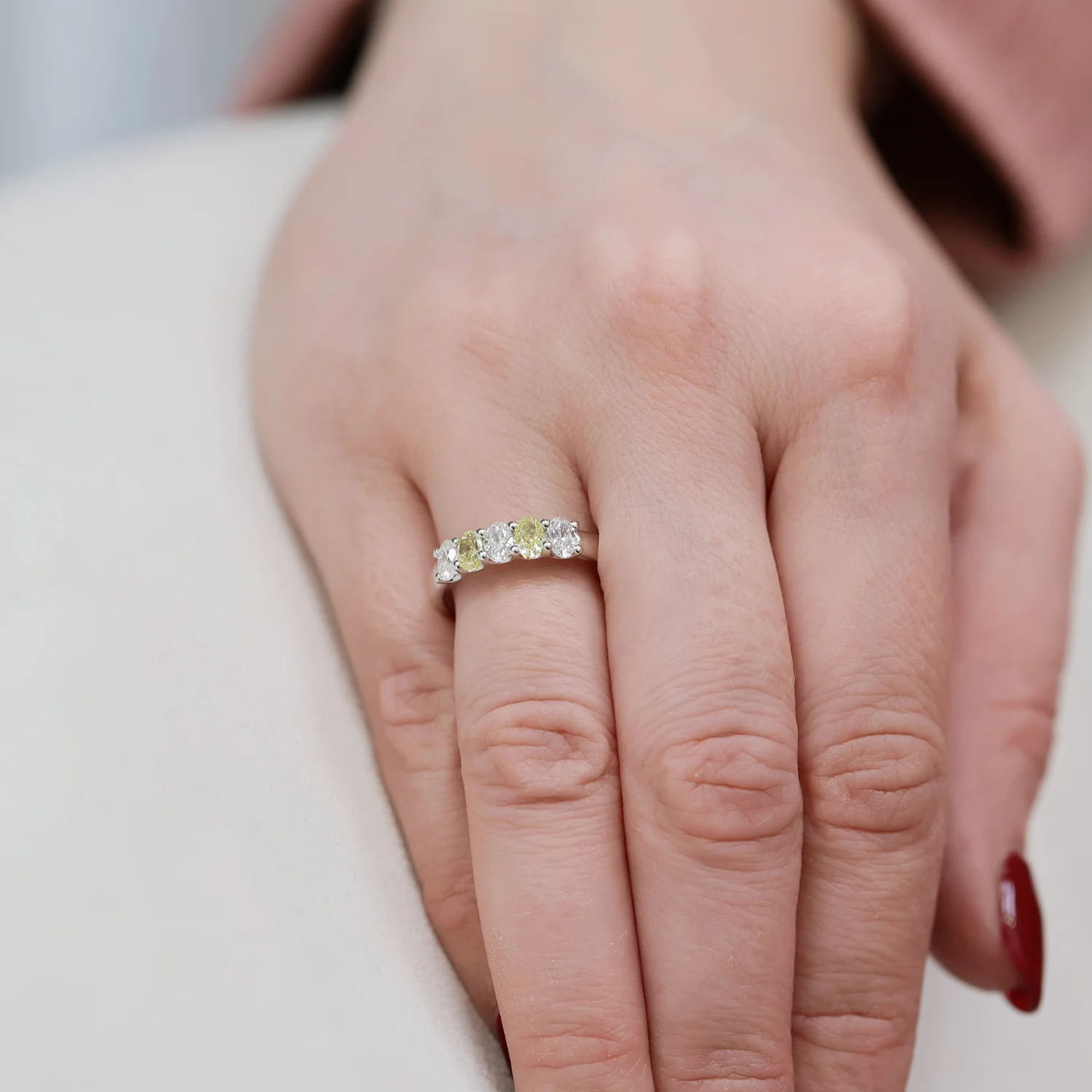 Platinum Oval Diamond And Fancy Yellow Diamond Five Stone Dress Ring - Image 5