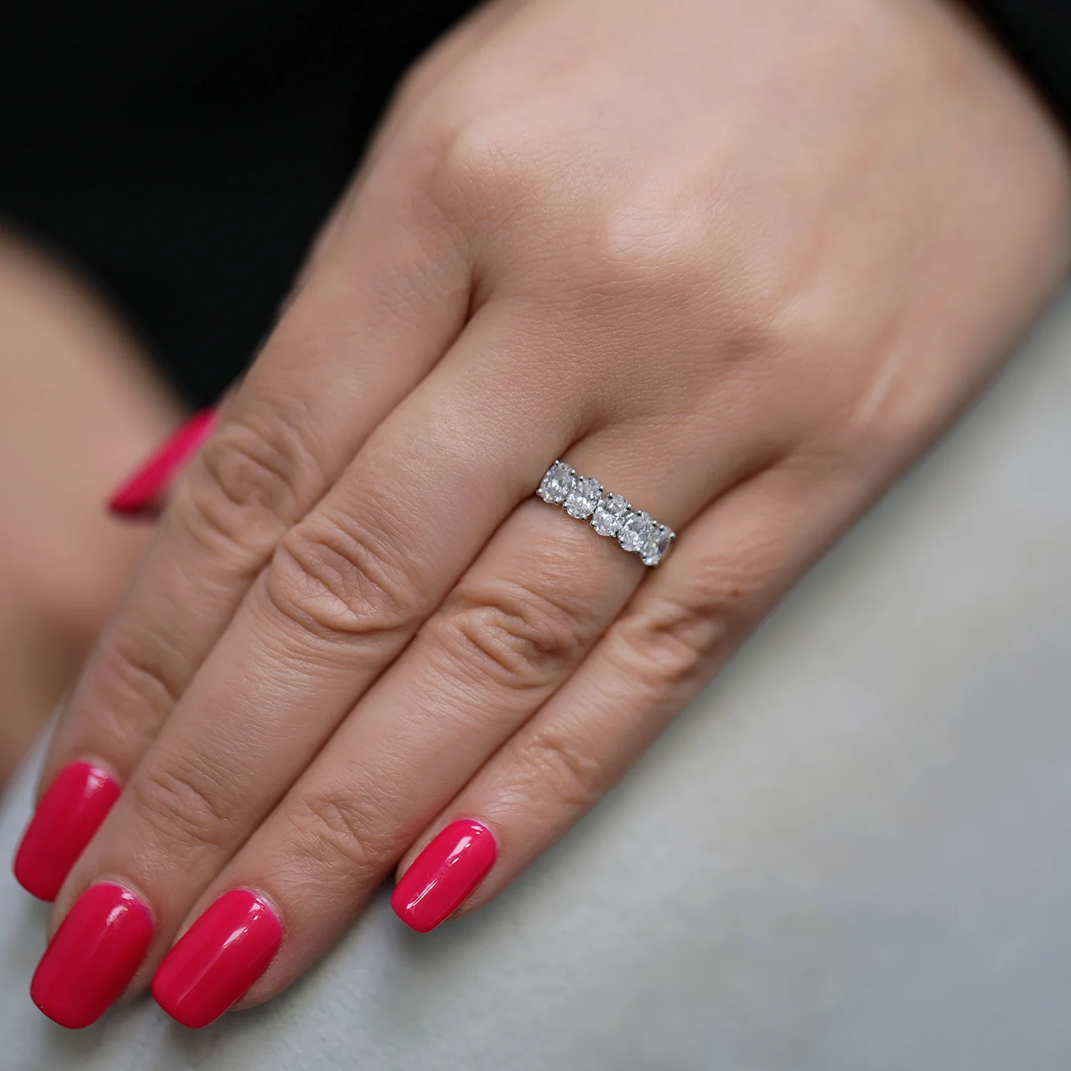 Platinum Oval Cut Diamond Five Stone Eternity Ring - Image 2