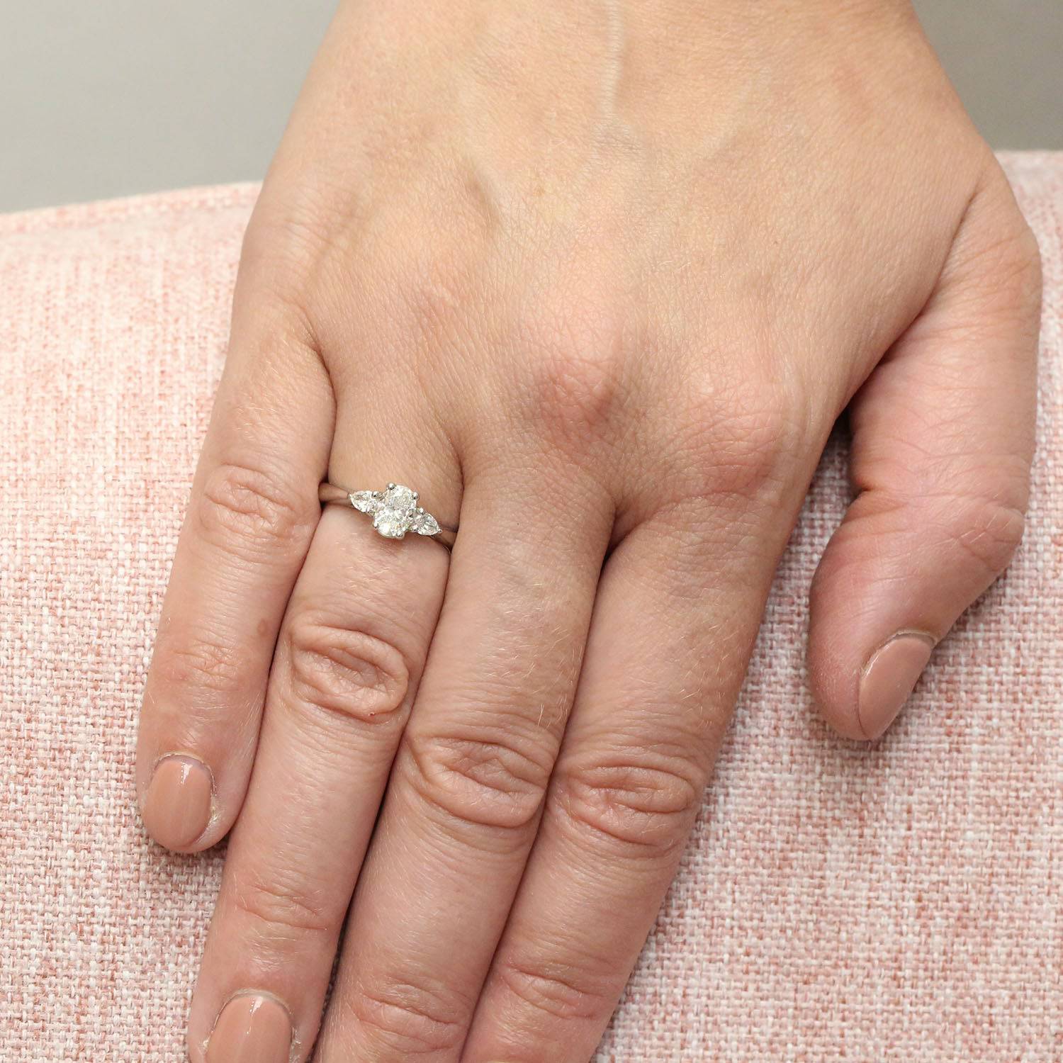 Platinum Oval & Pear Cut Diamond Three Stone Ring - Image 2