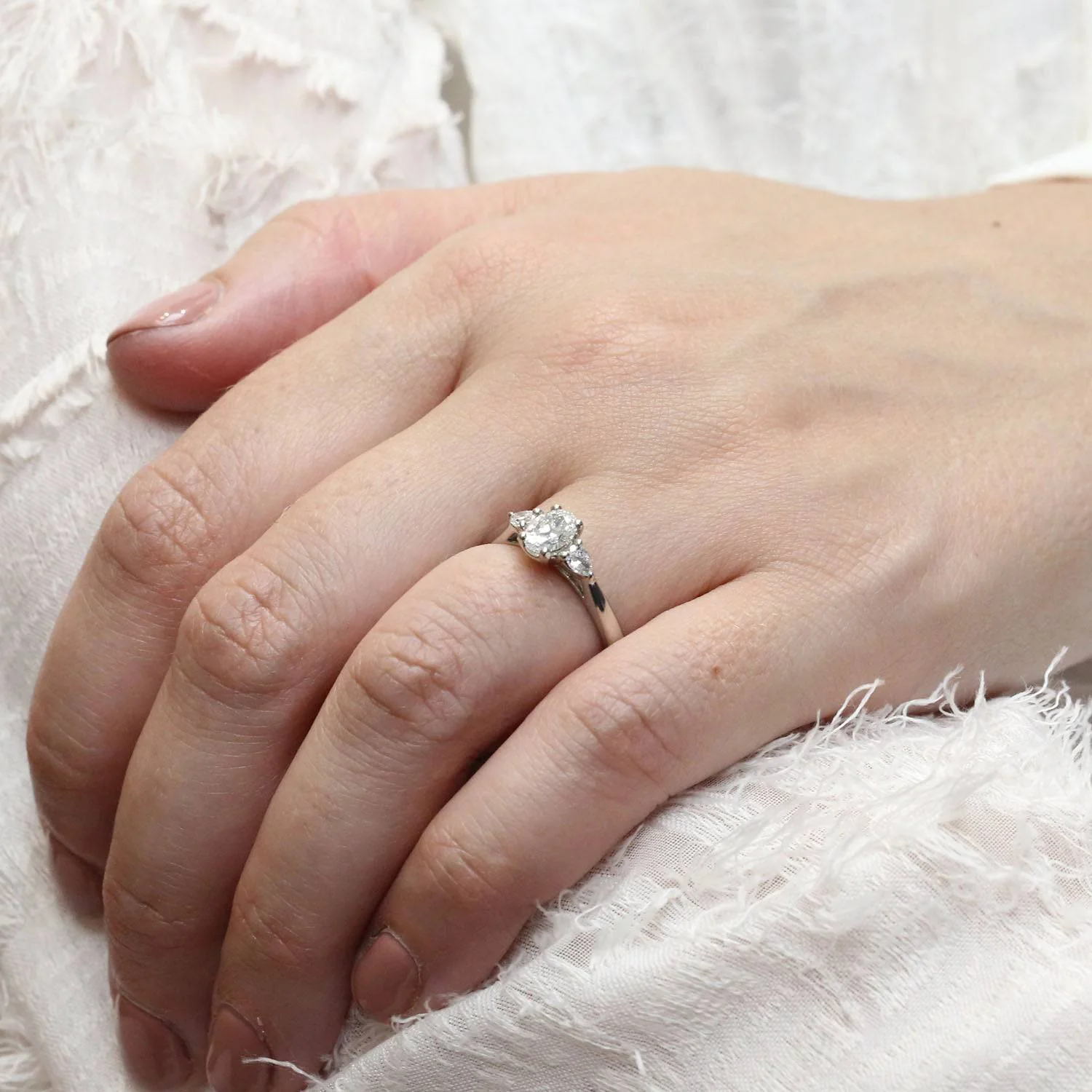 Platinum Oval & Pear Cut Diamond Three Stone Ring - Image 3