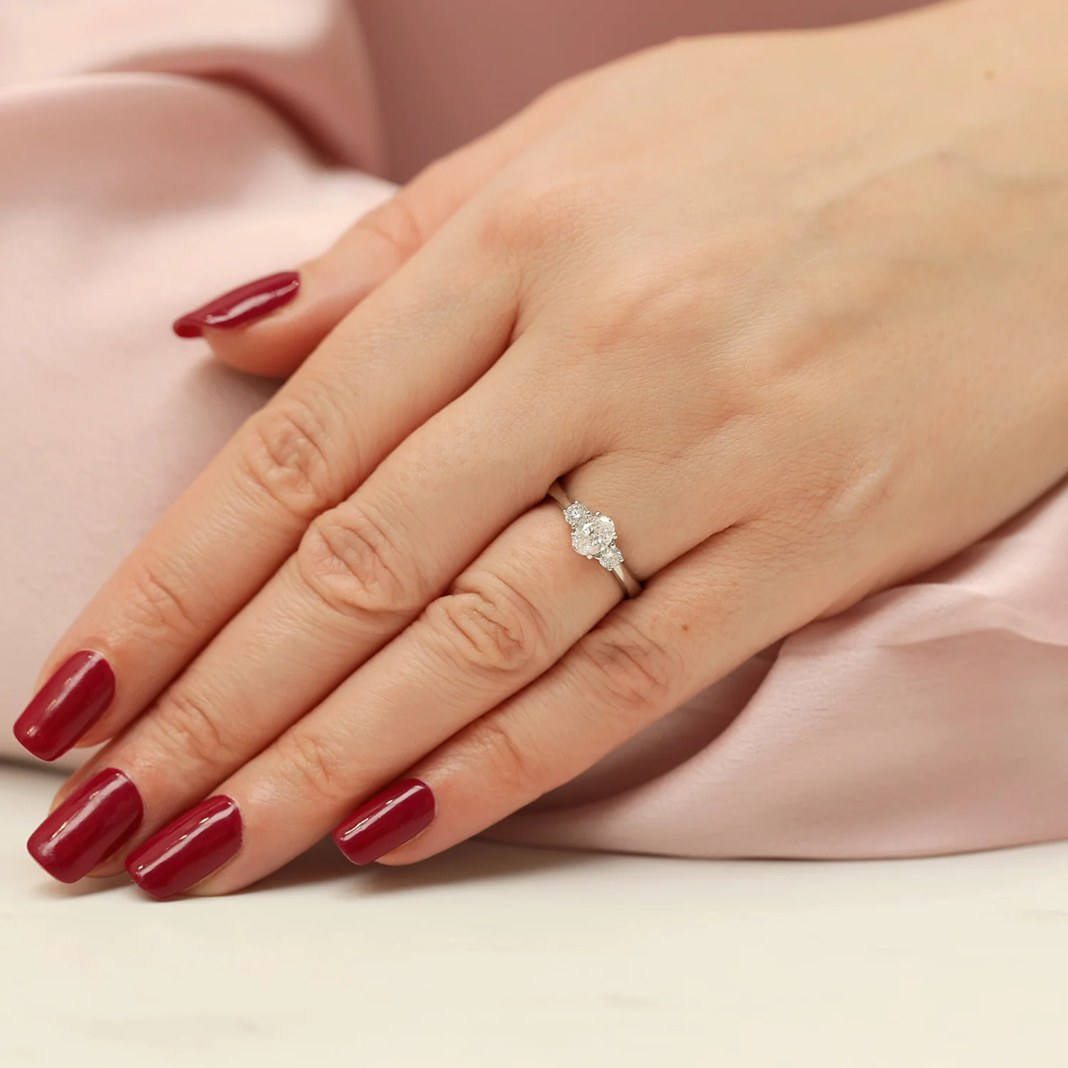 Platinum Oval & Round Brilliant Cut Diamond Three Stone Ring - Image 2