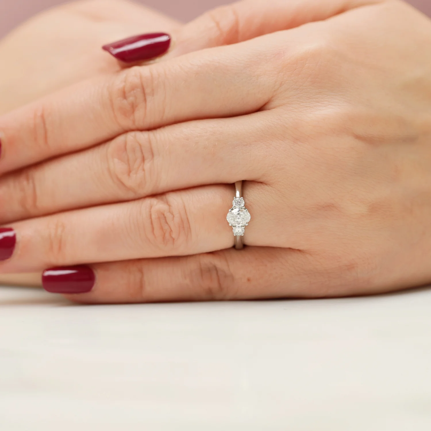Platinum Oval & Round Brilliant Cut Diamond Three Stone Ring - Image 3