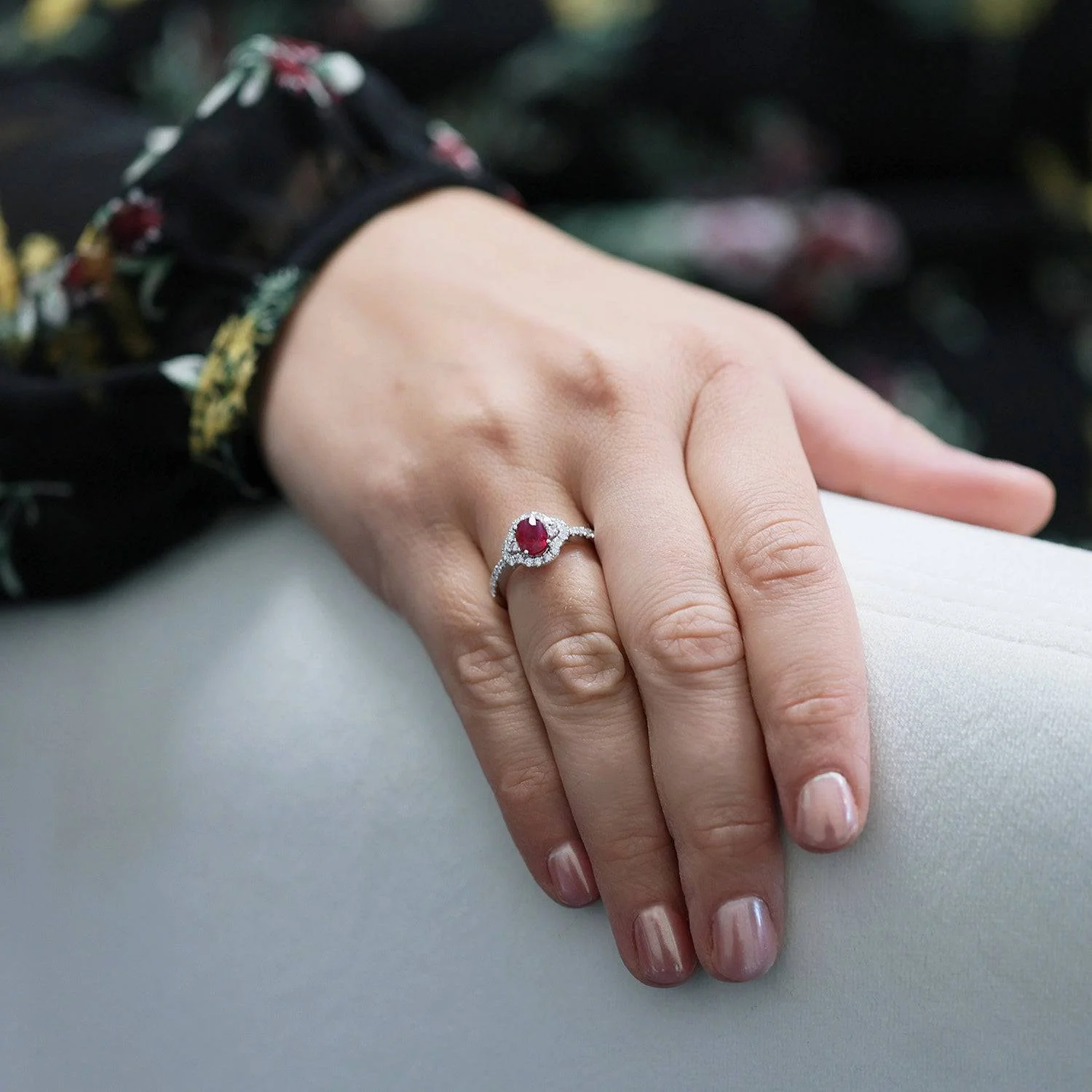 Platinum Oval Ruby And Diamond Halo Ring With Diamond Shoulders - Image 3