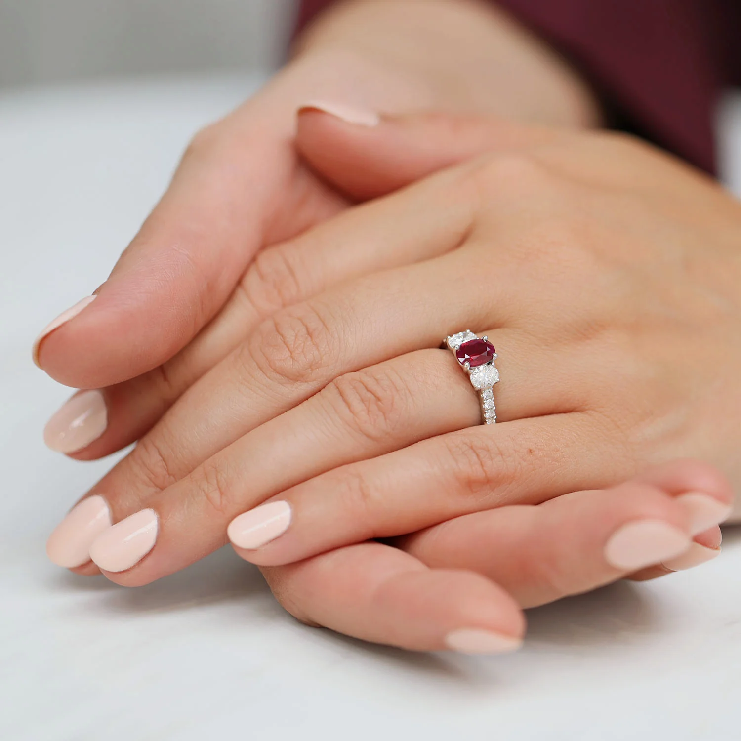 Platinum Oval Ruby And Diamond Three Stone Ring - Image 2
