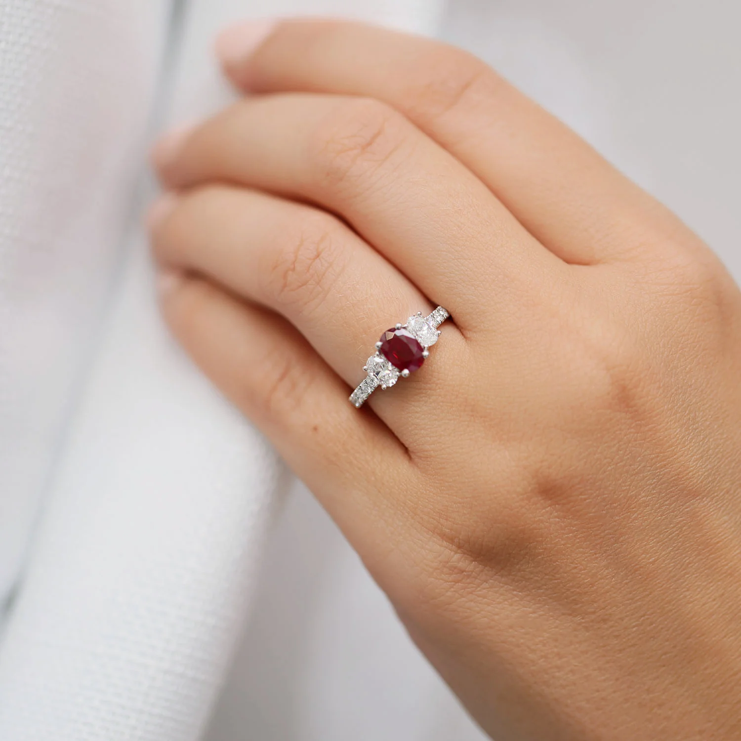Platinum Oval Ruby And Diamond Three Stone Ring - Image 3