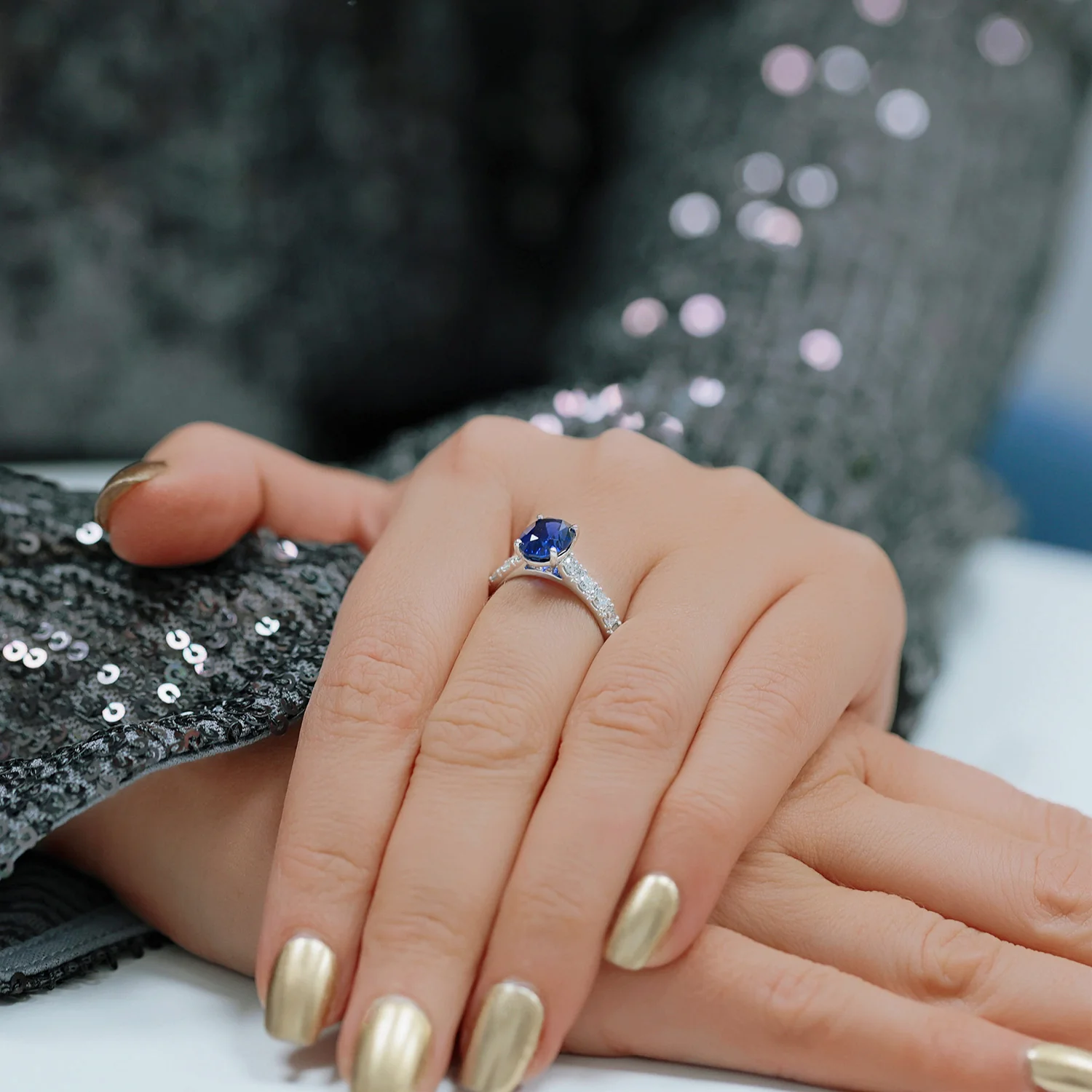 Platinum Oval Sapphire Dress Ring With Diamond Shoulders - Image 3