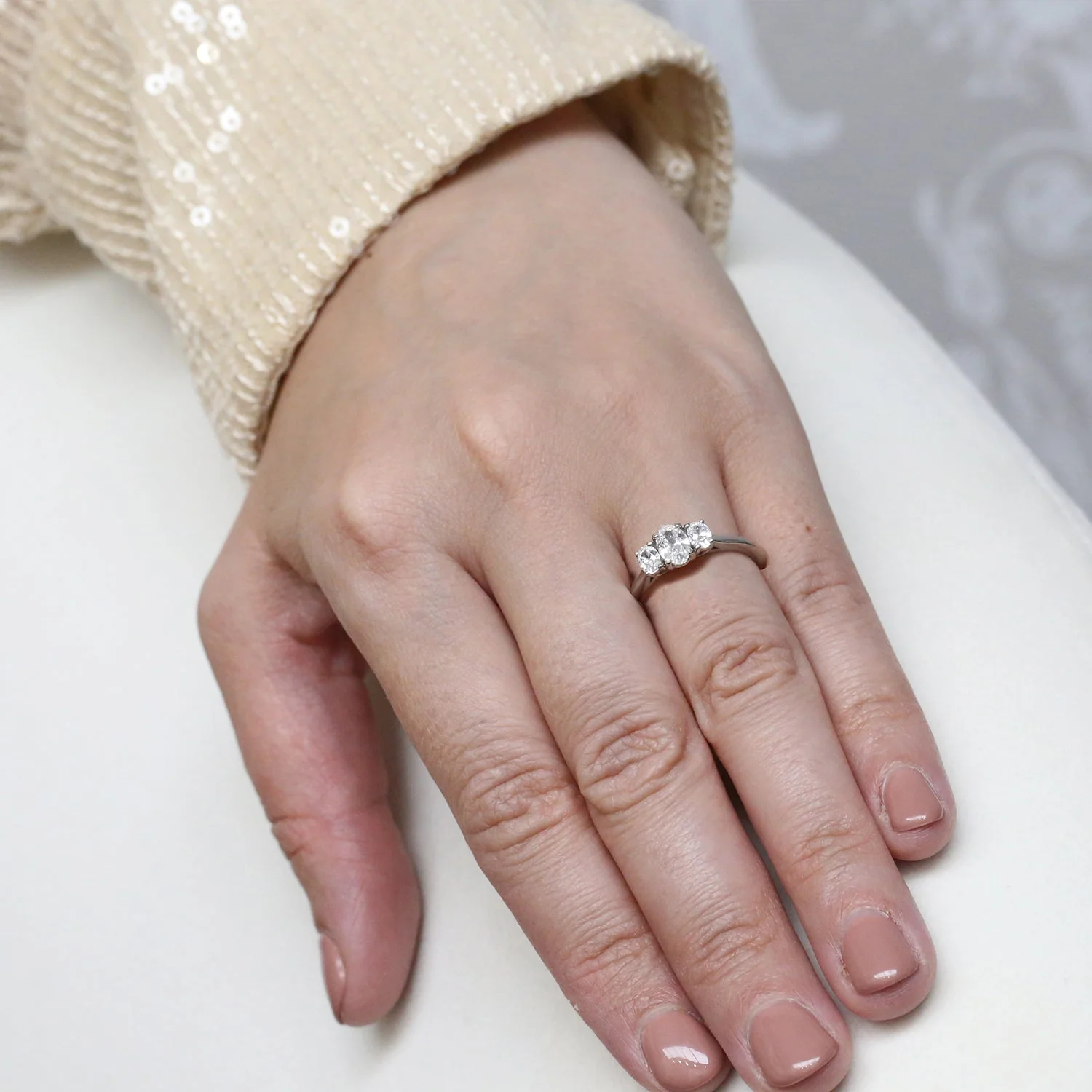 Platinum Oval Three Stone Diamond Ring - Image 2