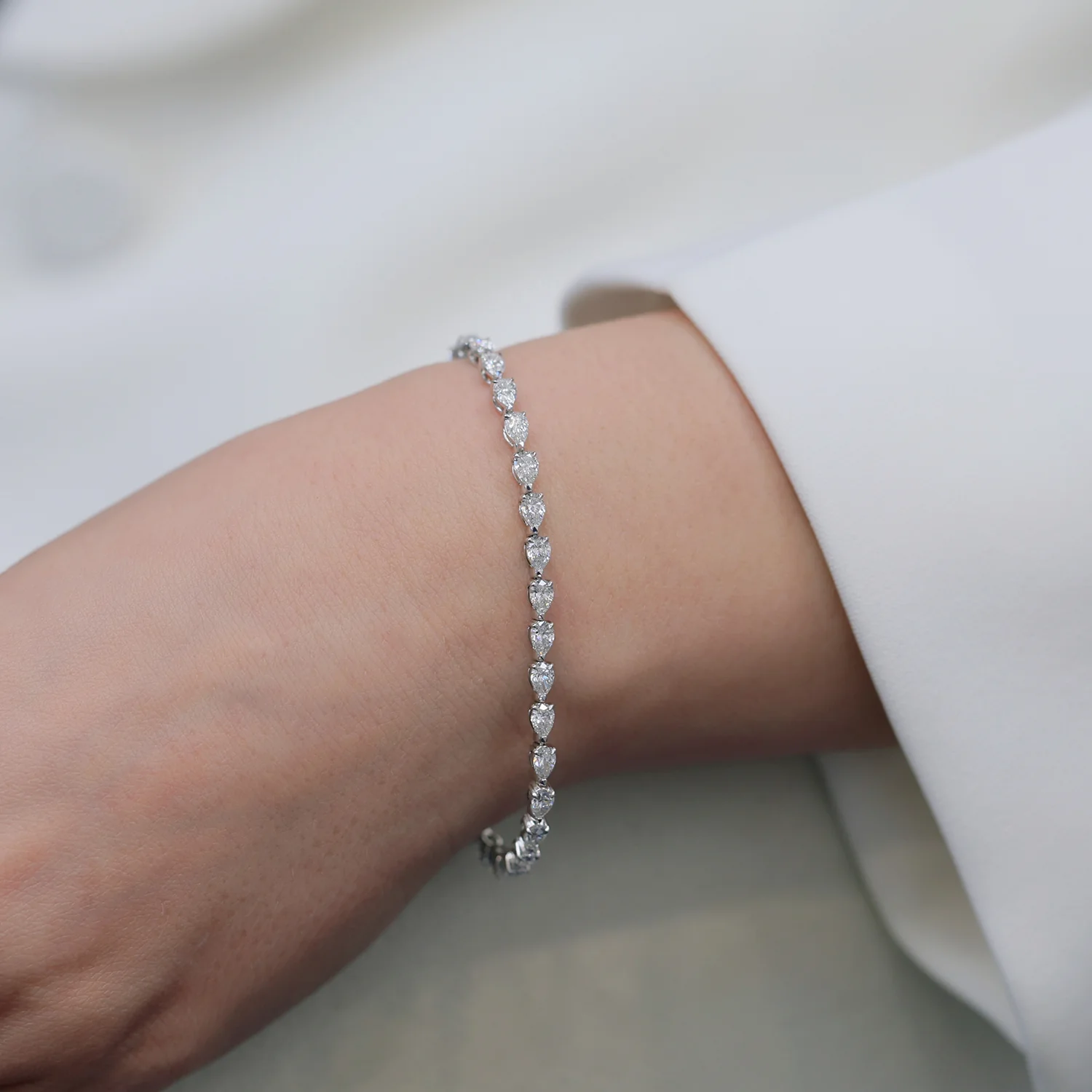 Platinum Pear Cut Diamond Claw Set Tennis Bracelet - Image 2