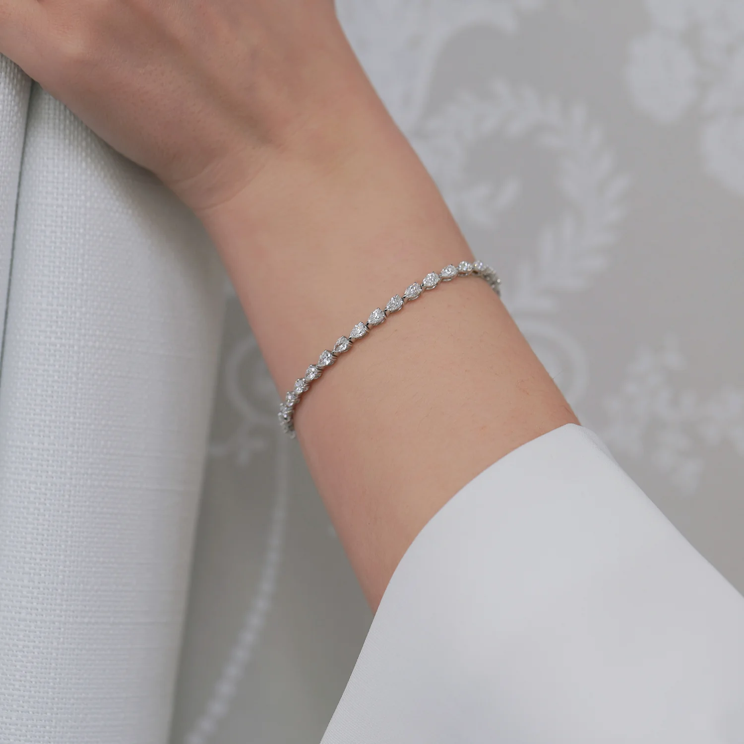 Platinum Pear Cut Diamond Claw Set Tennis Bracelet - Image 3