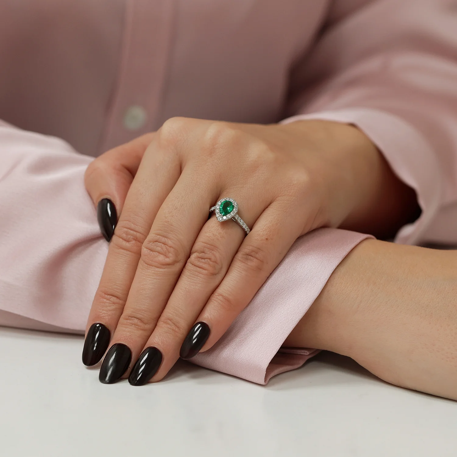 Platinum Pear Cut Emerald And Diamond Halo Ring - Image 2