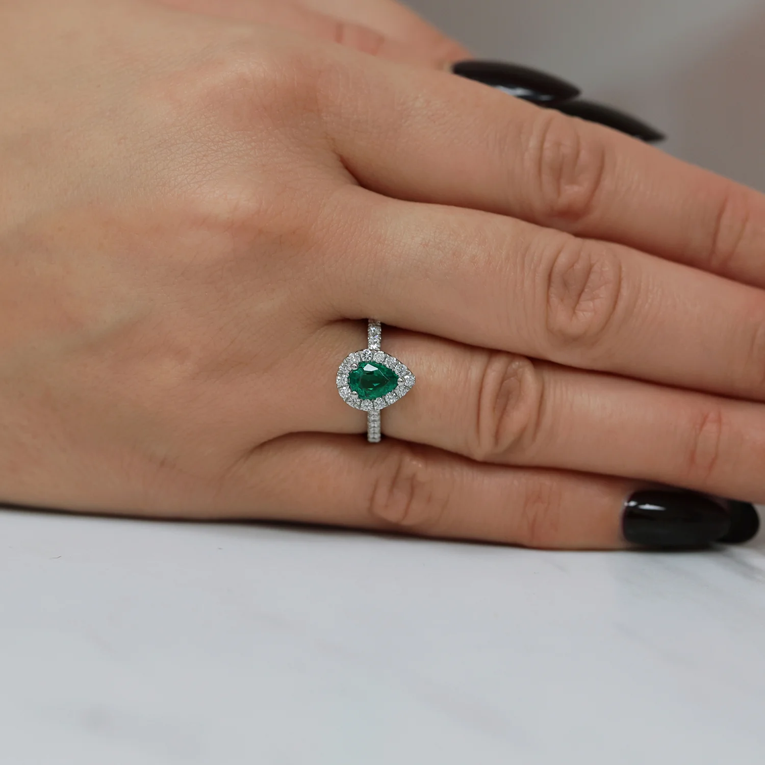 Platinum Pear Cut Emerald And Diamond Halo Ring - Image 3