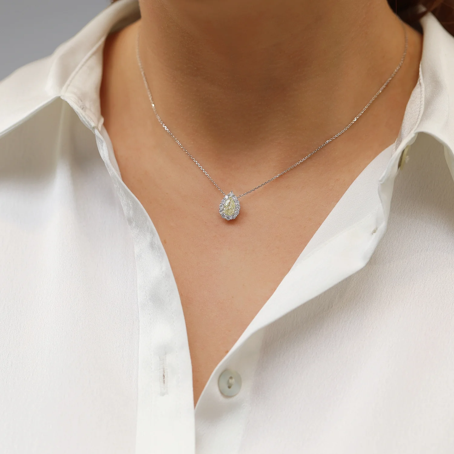 Platinum Pear Cut Yellow Diamond Halo Pendant - Image 2