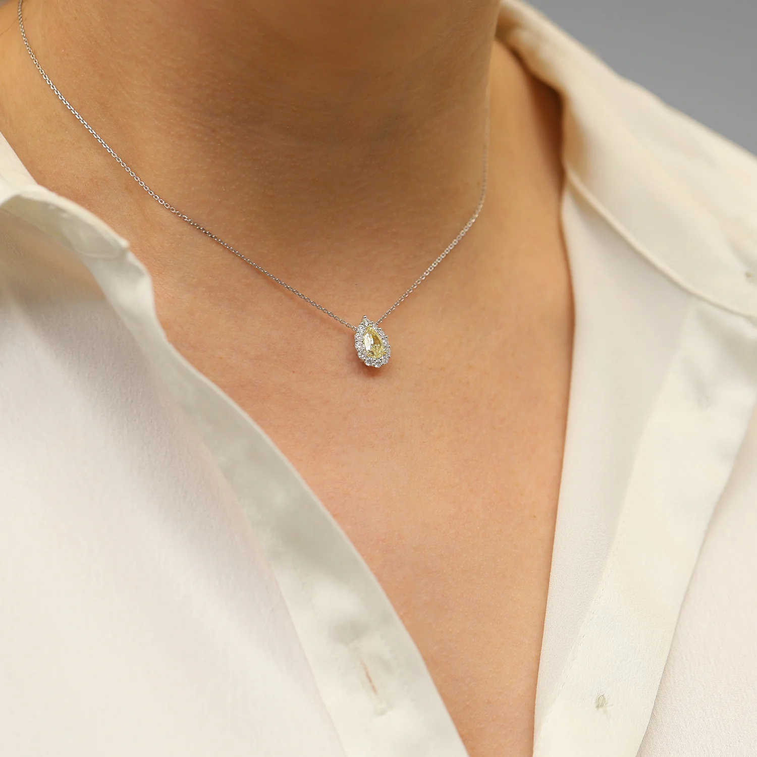 Platinum Pear Cut Yellow Diamond Halo Pendant - Image 3