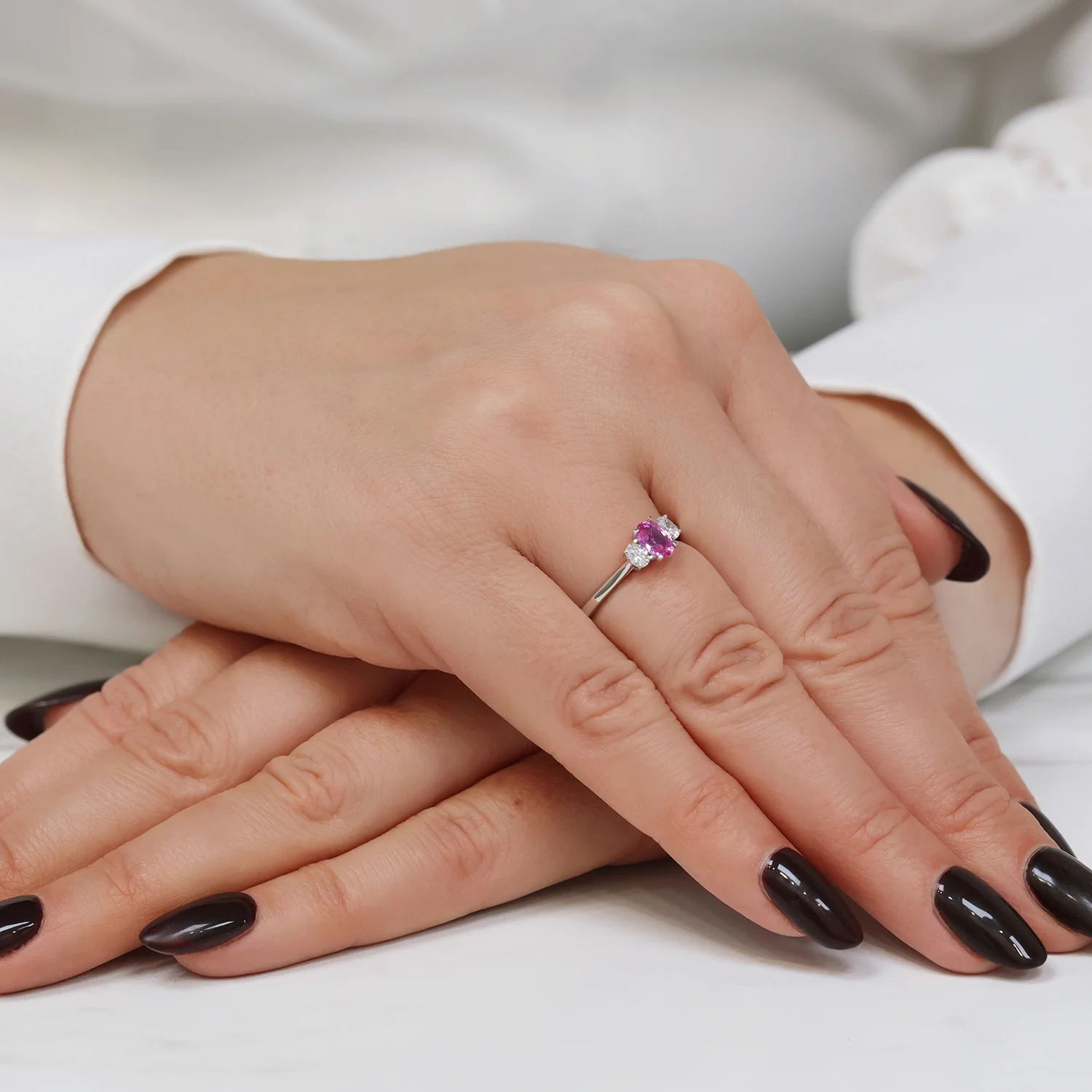 Platinum Oval Cut Pink Sapphire And Diamond Three Stone Ring - Image 2