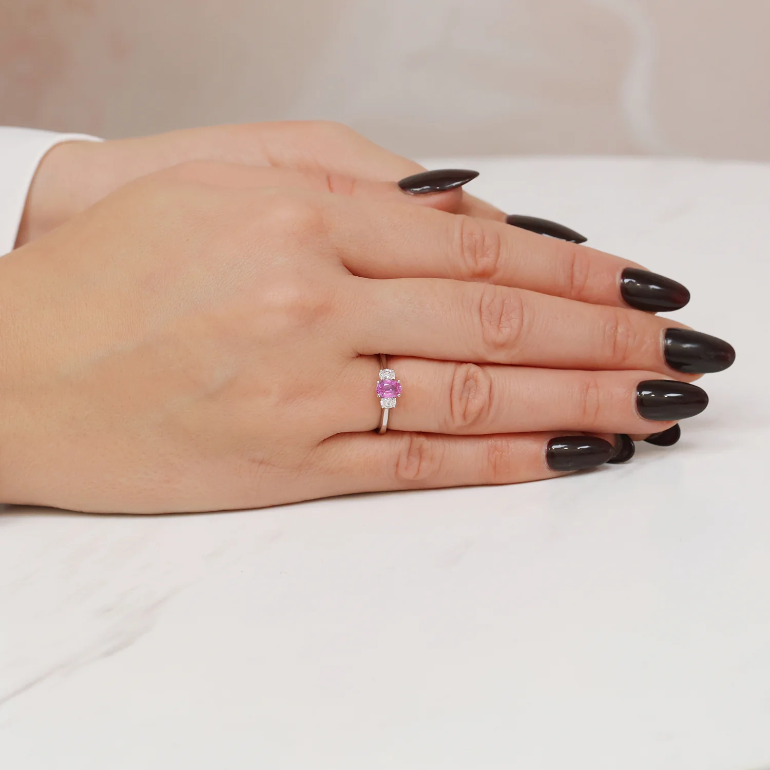 Platinum Oval Cut Pink Sapphire And Diamond Three Stone Ring - Image 3