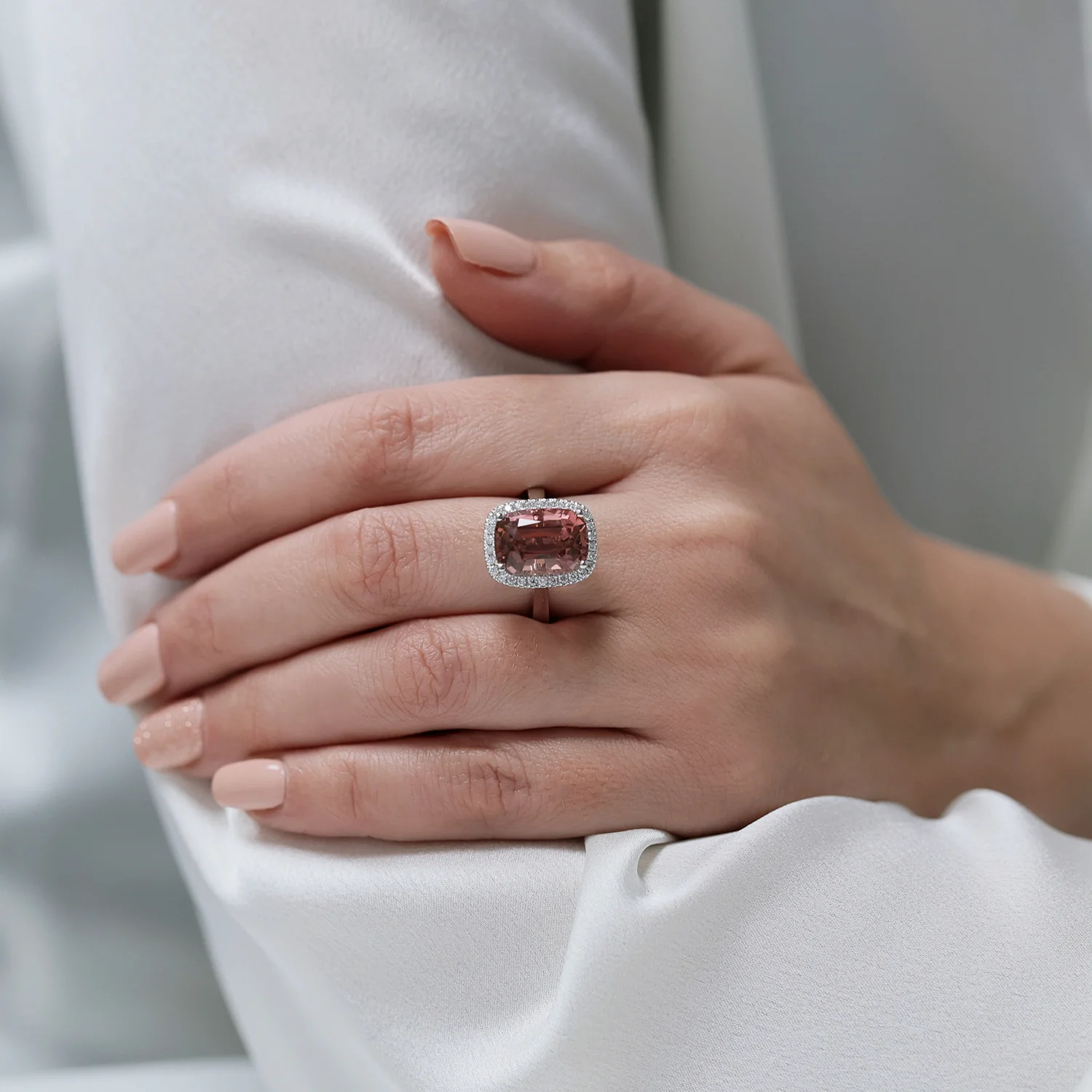 Platinum Pink Tourmaline And Diamond Halo Ring - Image 2