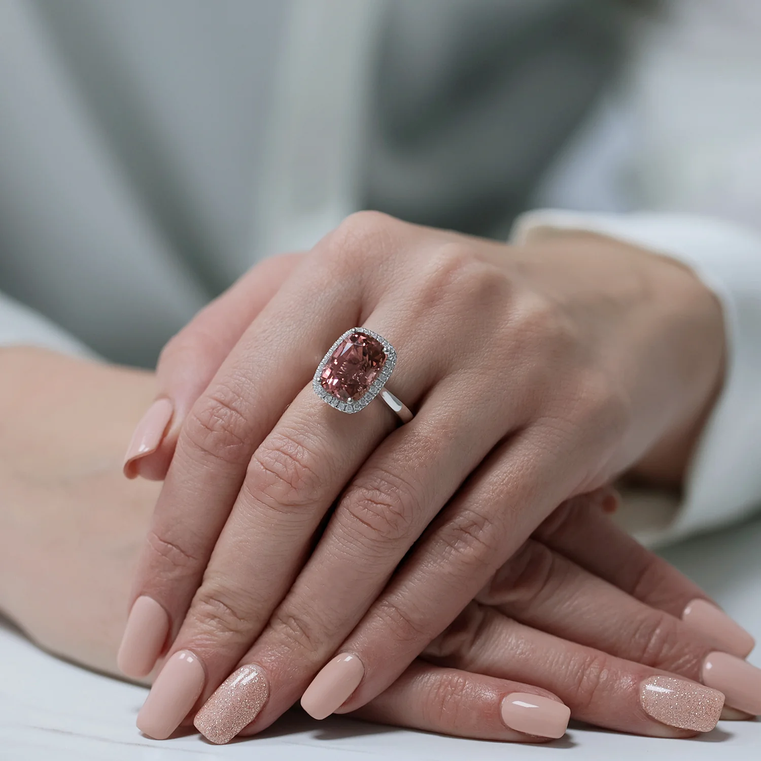 Platinum Pink Tourmaline And Diamond Halo Ring - Image 3