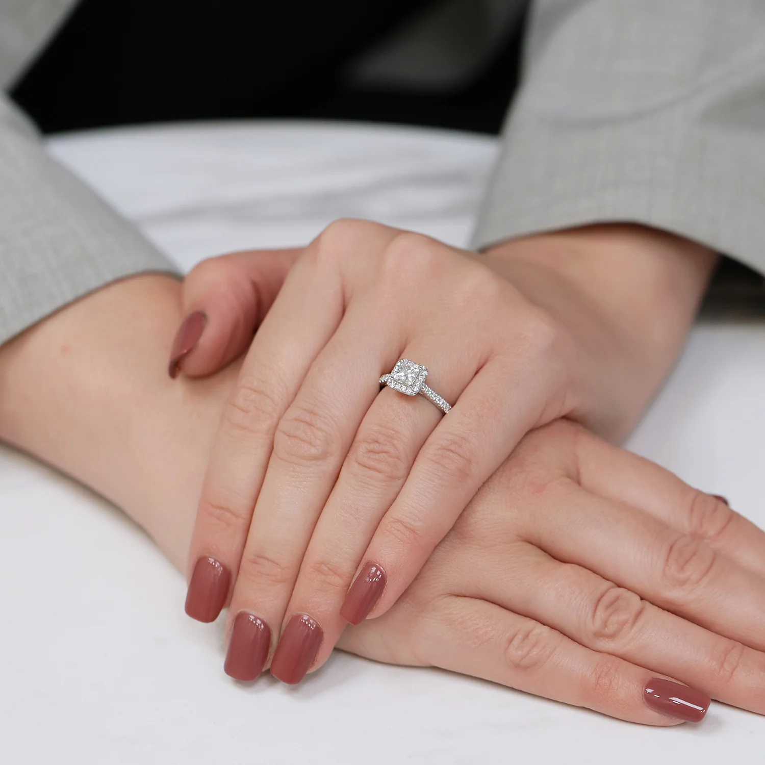 Platinum Princess Cut Diamond Halo Ring With Diamond Shoulders - Image 2