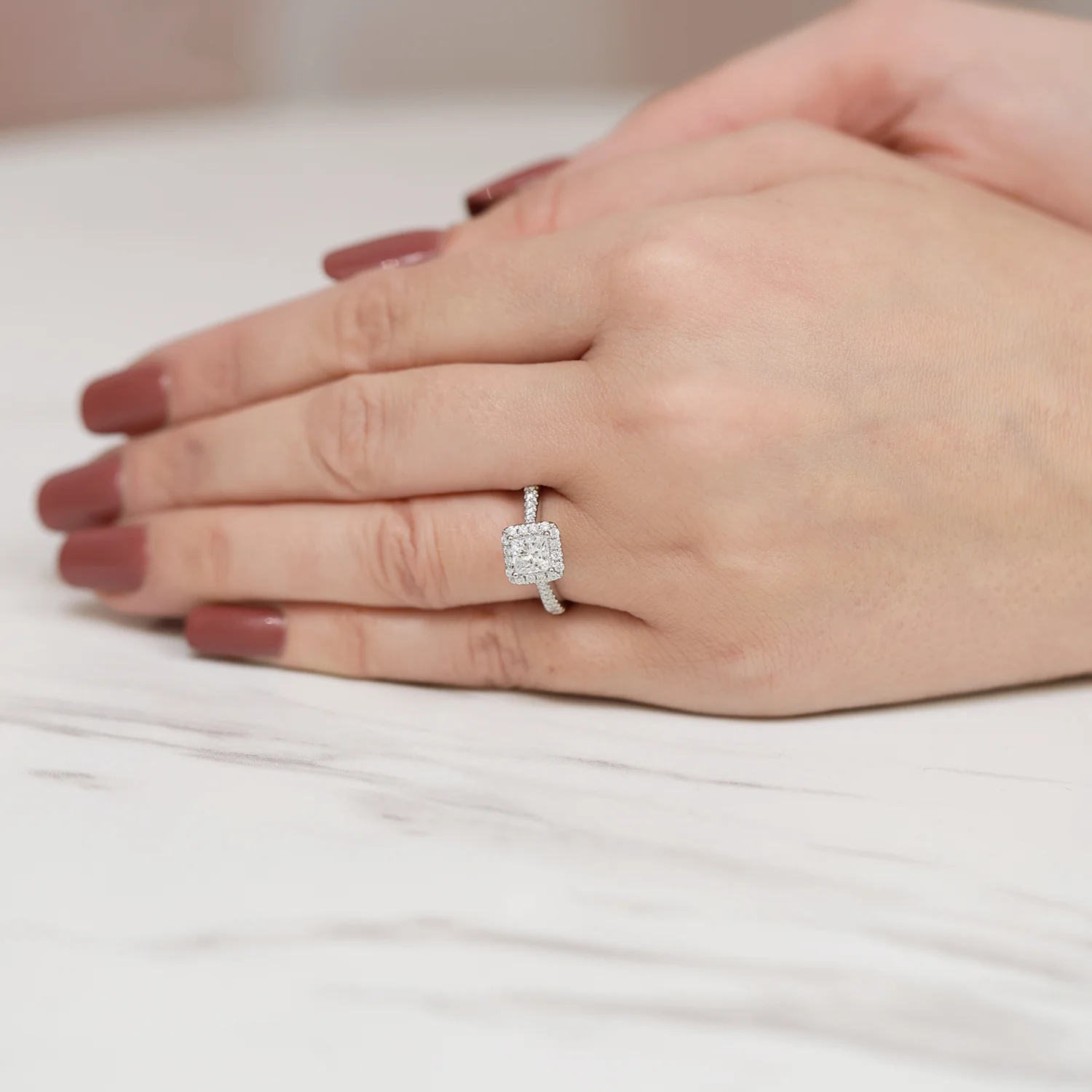 Platinum Princess Cut Diamond Halo Ring With Diamond Shoulders - Image 3