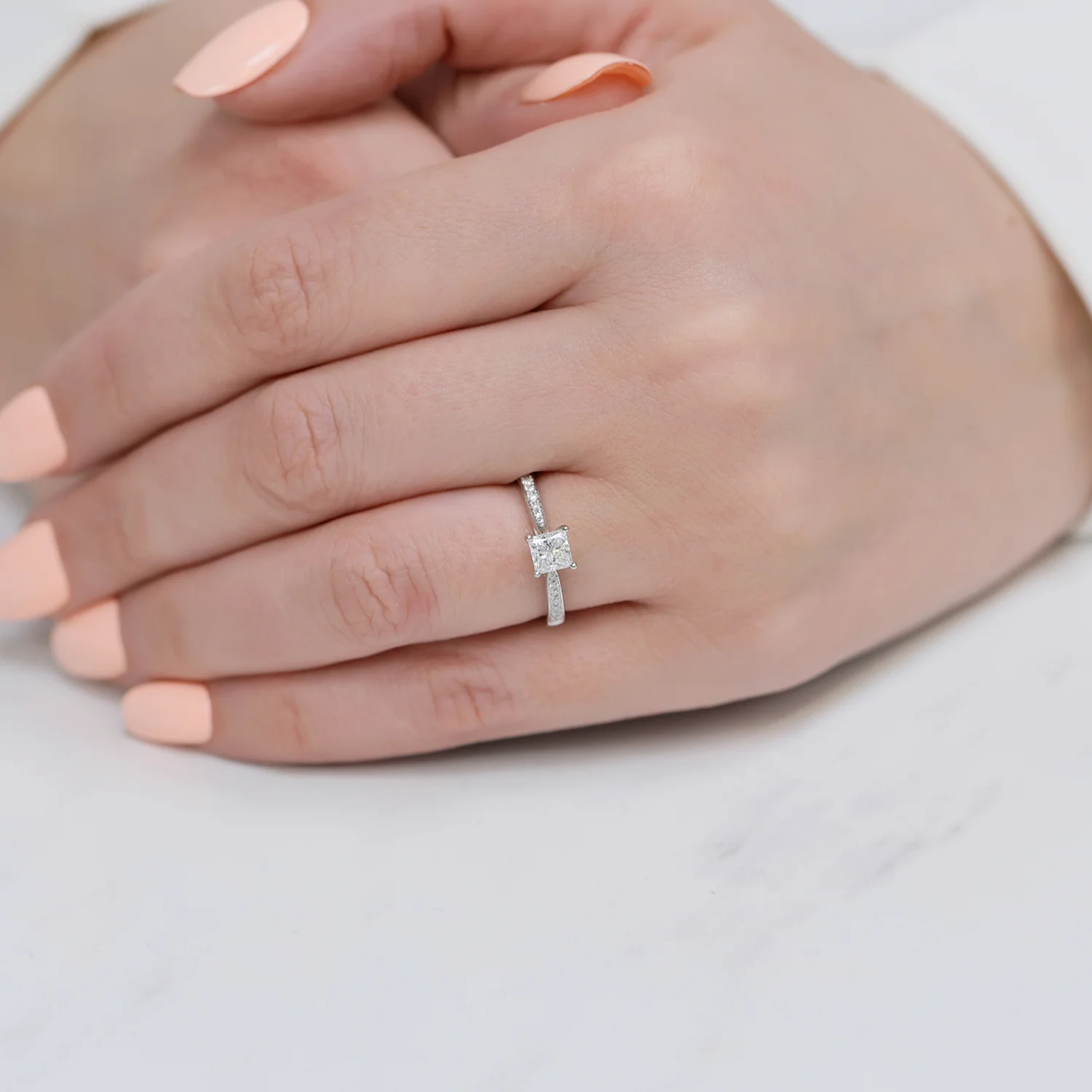Platinum GIA Princess Cut Diamond Ring With Round Brilliant Cut Diamond Set Shoulders - Image 2