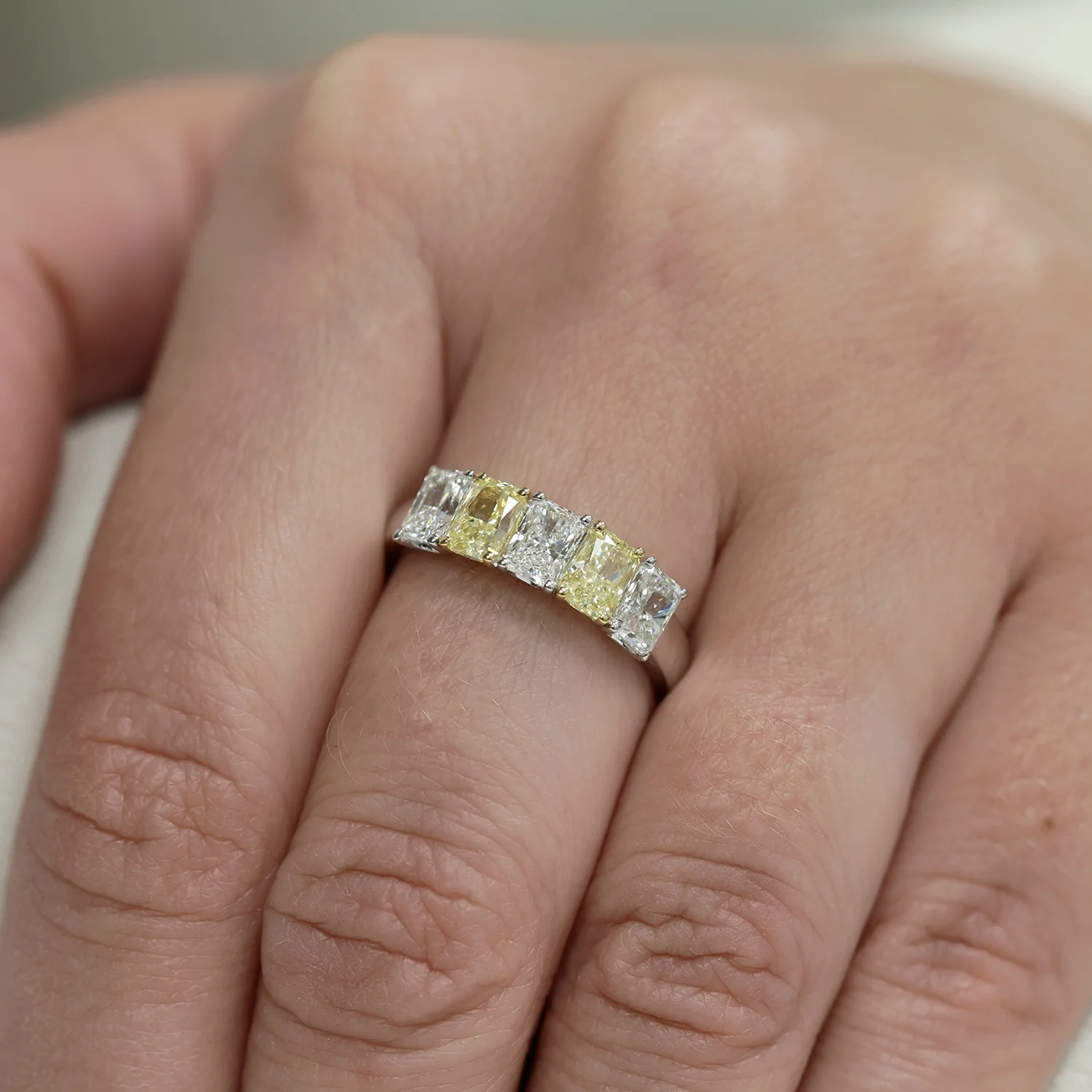 Platinum Radiant Cut Diamond And Yellow Diamond Five Stone Eternity Ring - Image 3