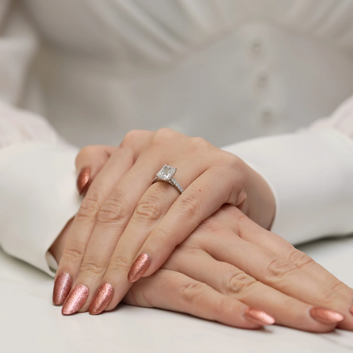 Platinum Radiant Cut Diamond Single Stone Ring With Diamond Shoulders - Image 2