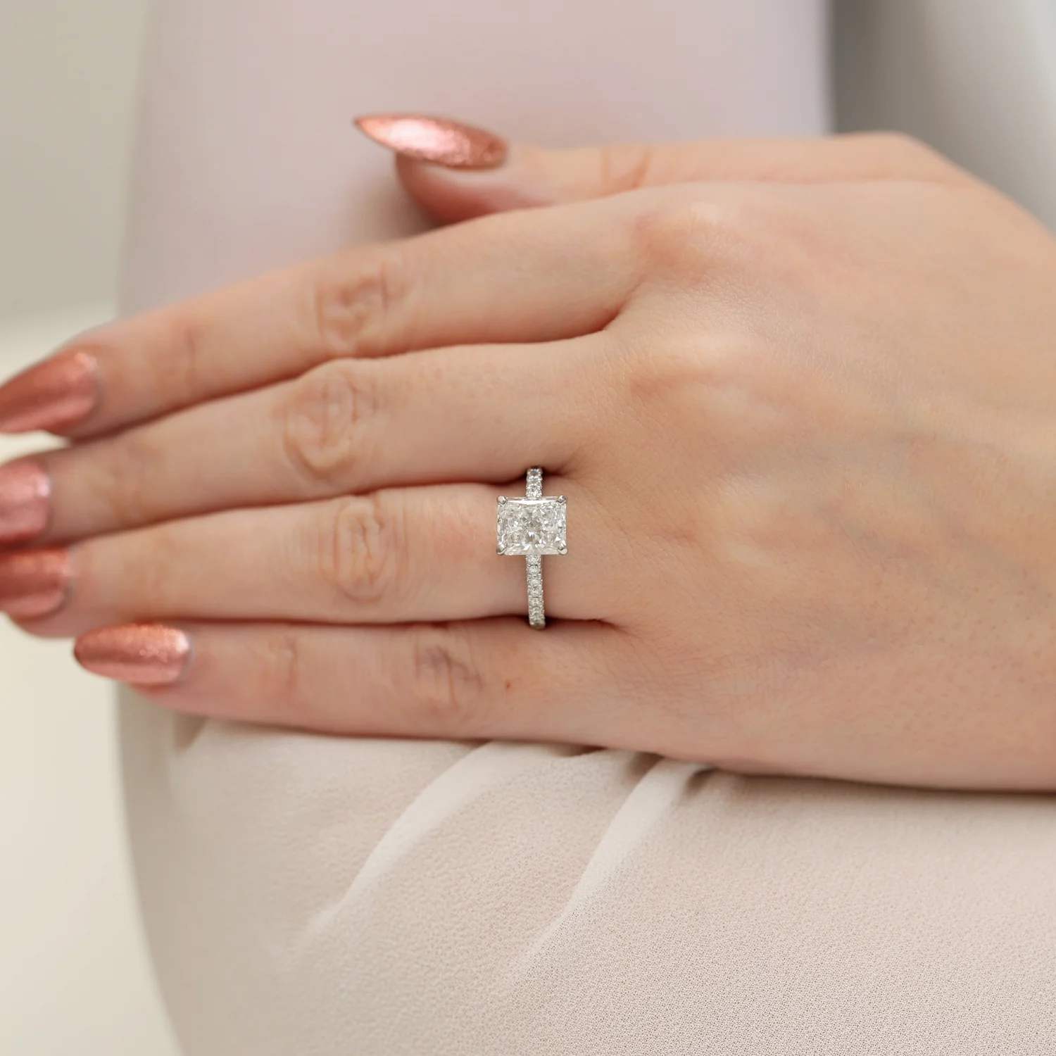 Platinum Radiant Cut Diamond Single Stone Ring With Diamond Shoulders - Image 3