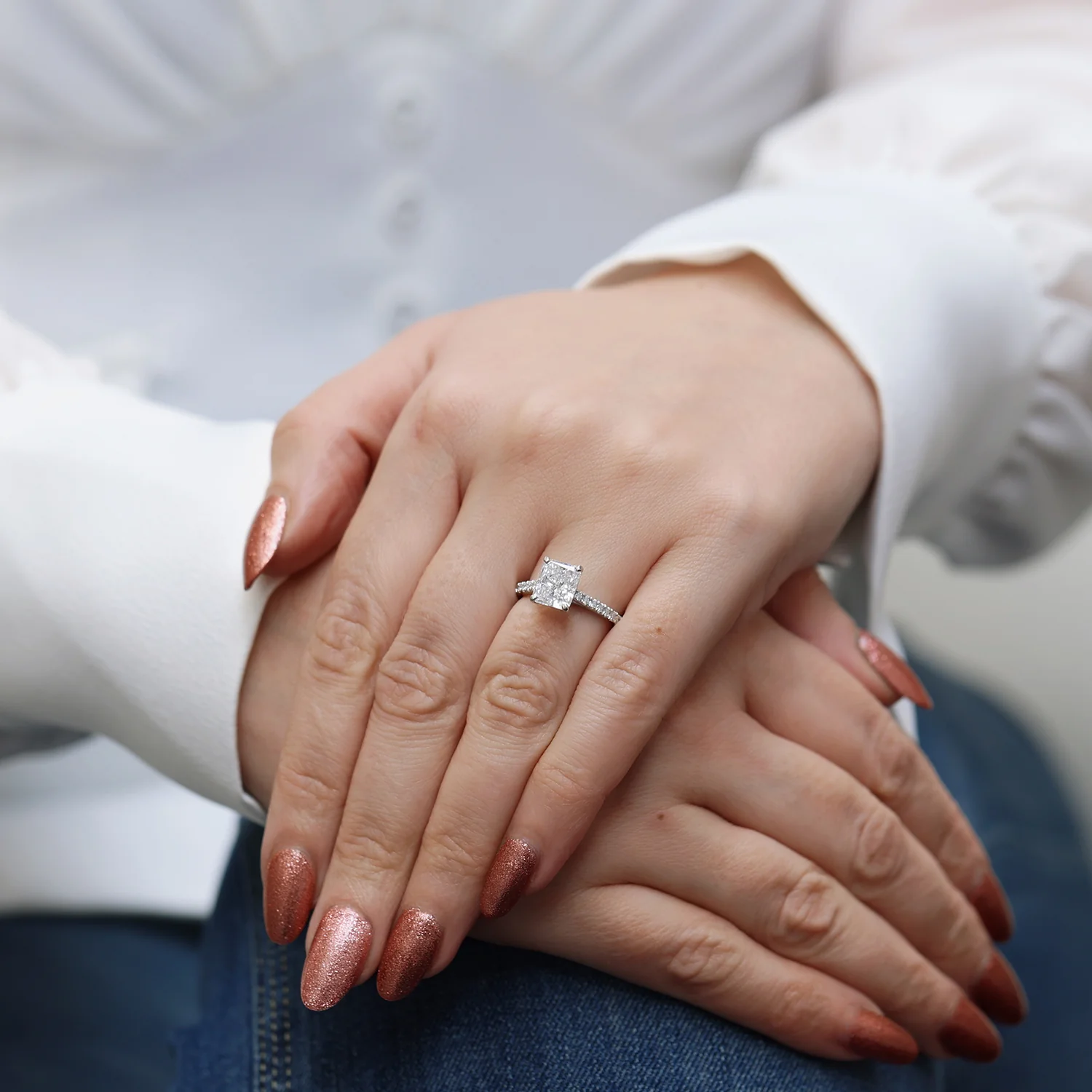 Platinum Radiant Cut Diamond Single Stone Ring With Diamond Shoulders - Image 5