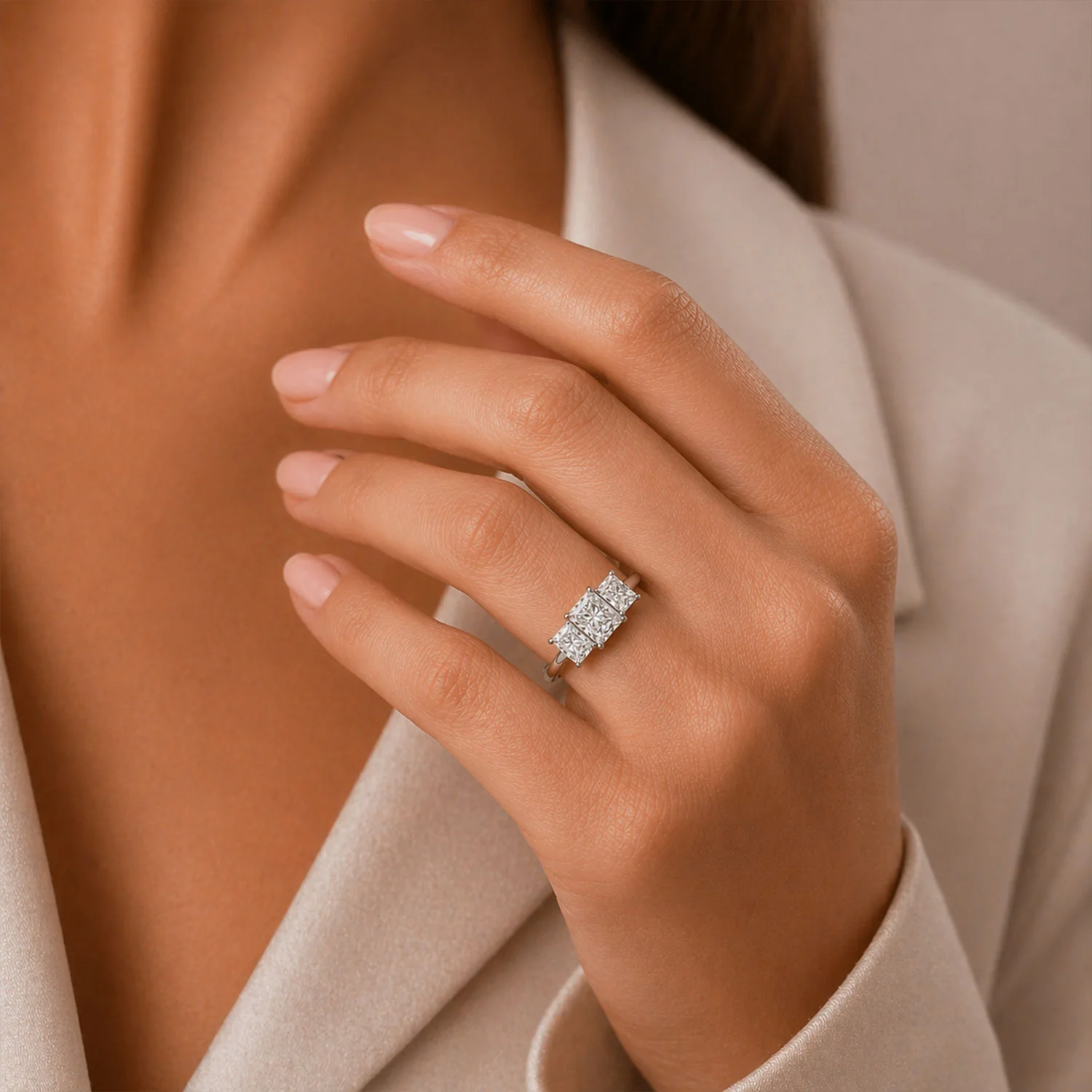 Platinum Radiant Cut Diamond Three Stone Ring - Image 2