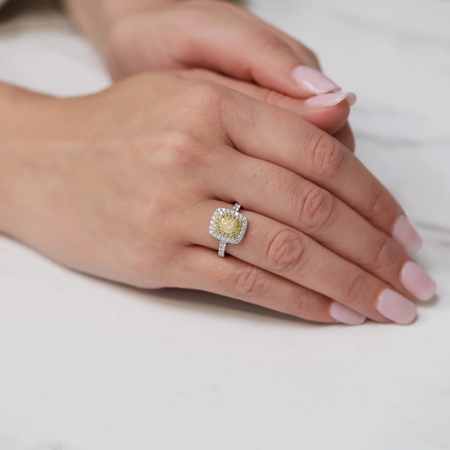 Platinum Radiant Cut Yellow Diamond And Diamond Double Halo Ring - Image 2