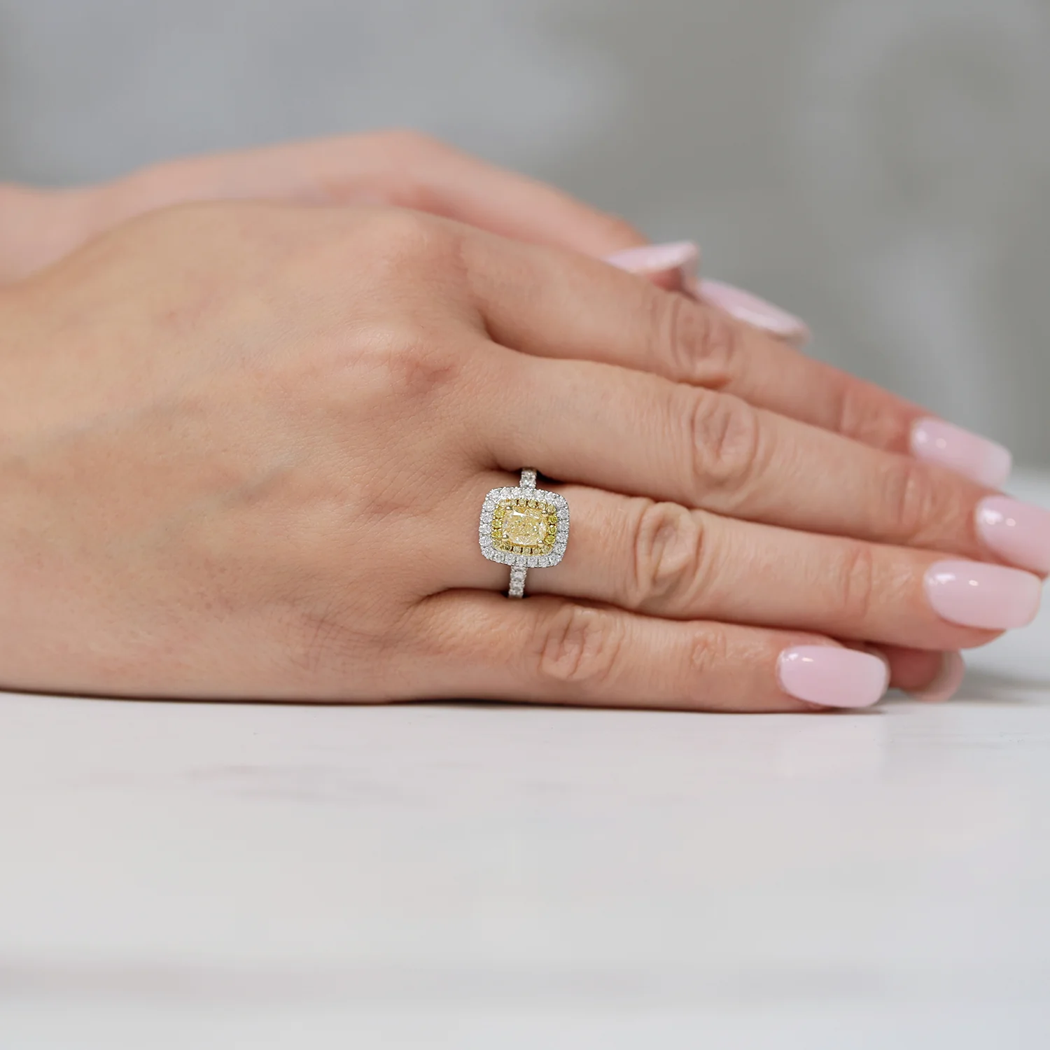 Platinum Radiant Cut Yellow Diamond And Diamond Double Halo Ring - Image 3