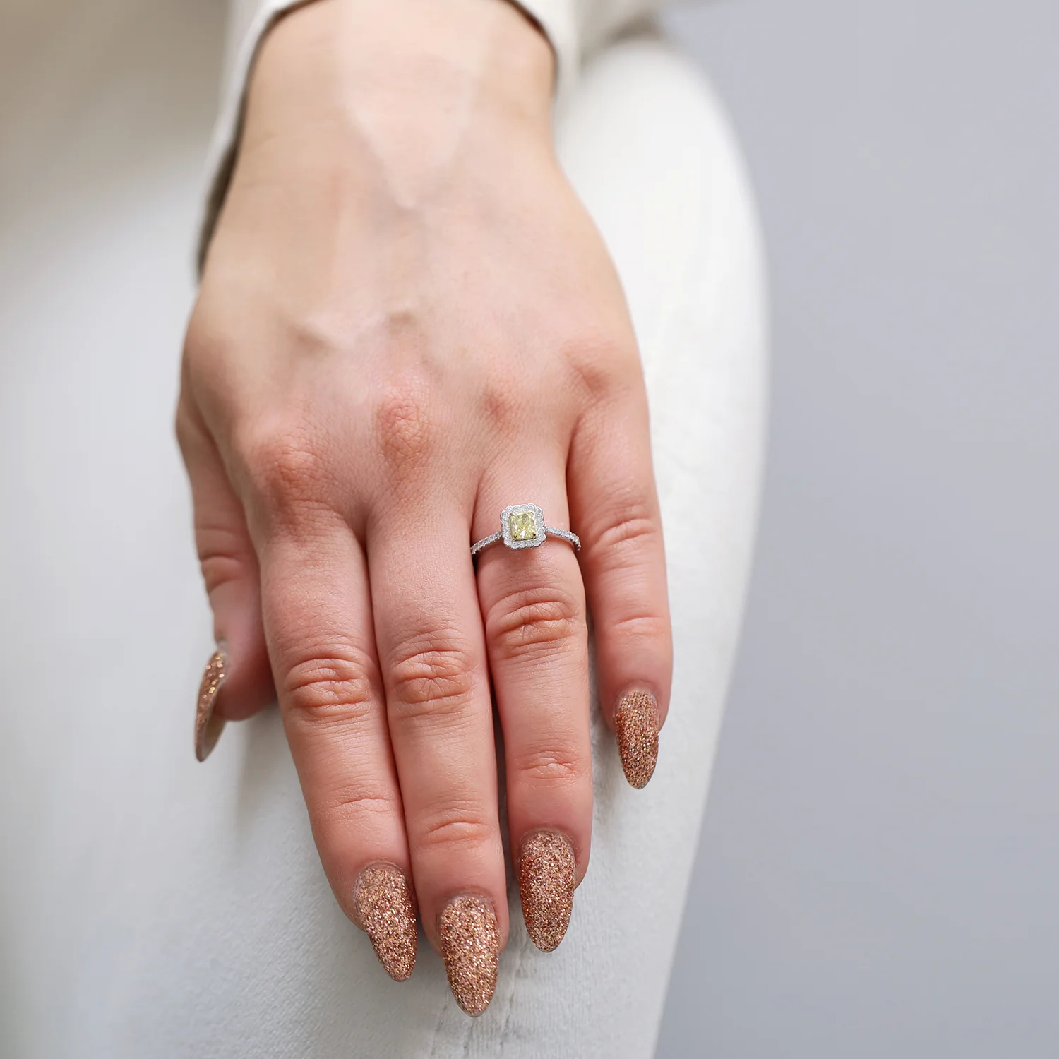 Platinum Radiant Cut Yellow Diamond Halo Ring With Diamond Set Shoulders - Image 2