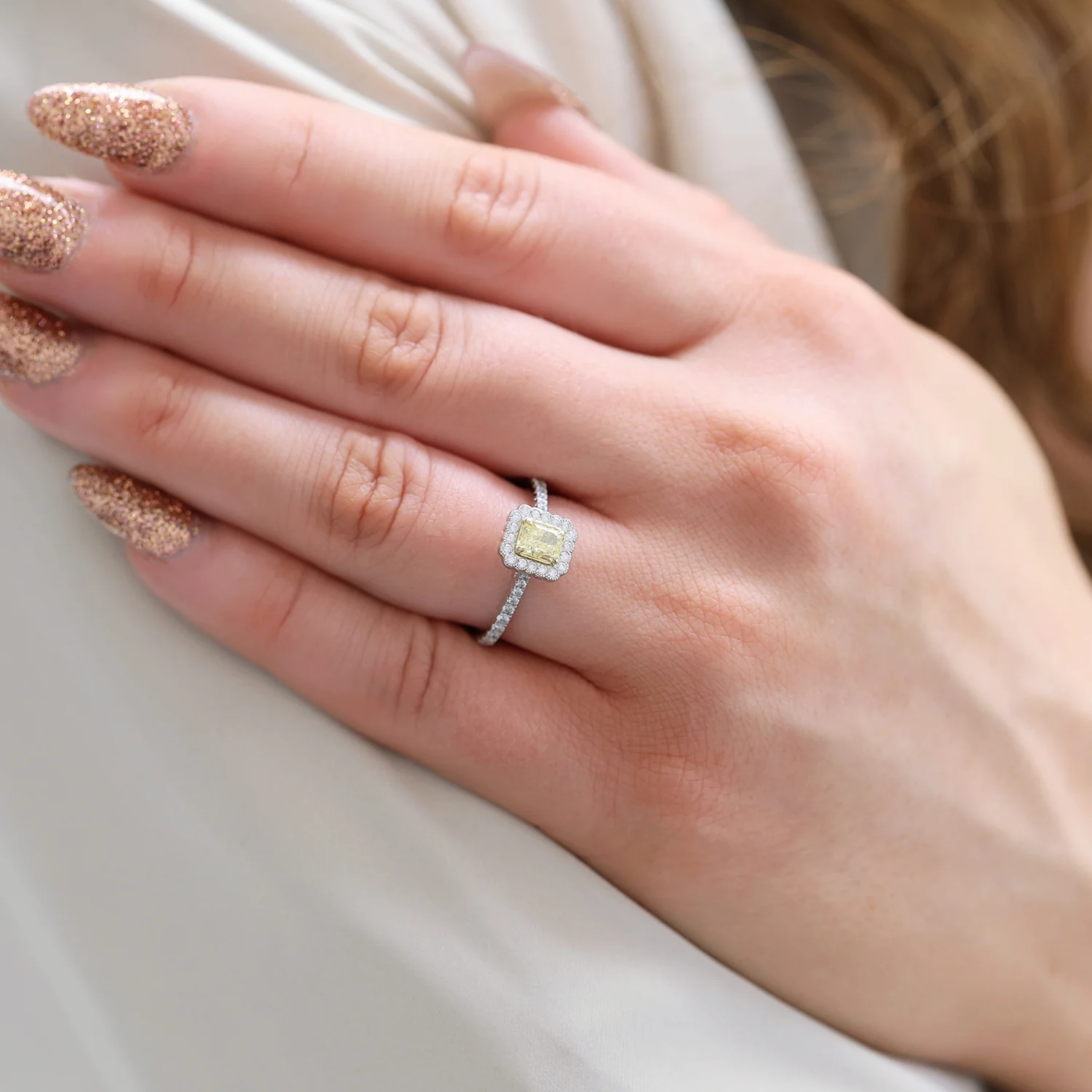 Platinum Radiant Cut Yellow Diamond Halo Ring With Diamond Set Shoulders - Image 3