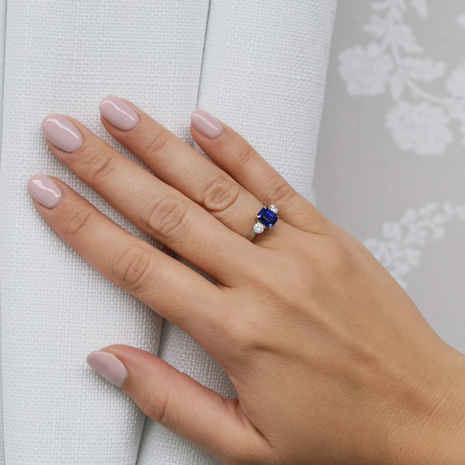 Platinum Rectangular Step Cut Sapphire & Round Brilliant Cut Diamond Three Stone Ring - Image 2