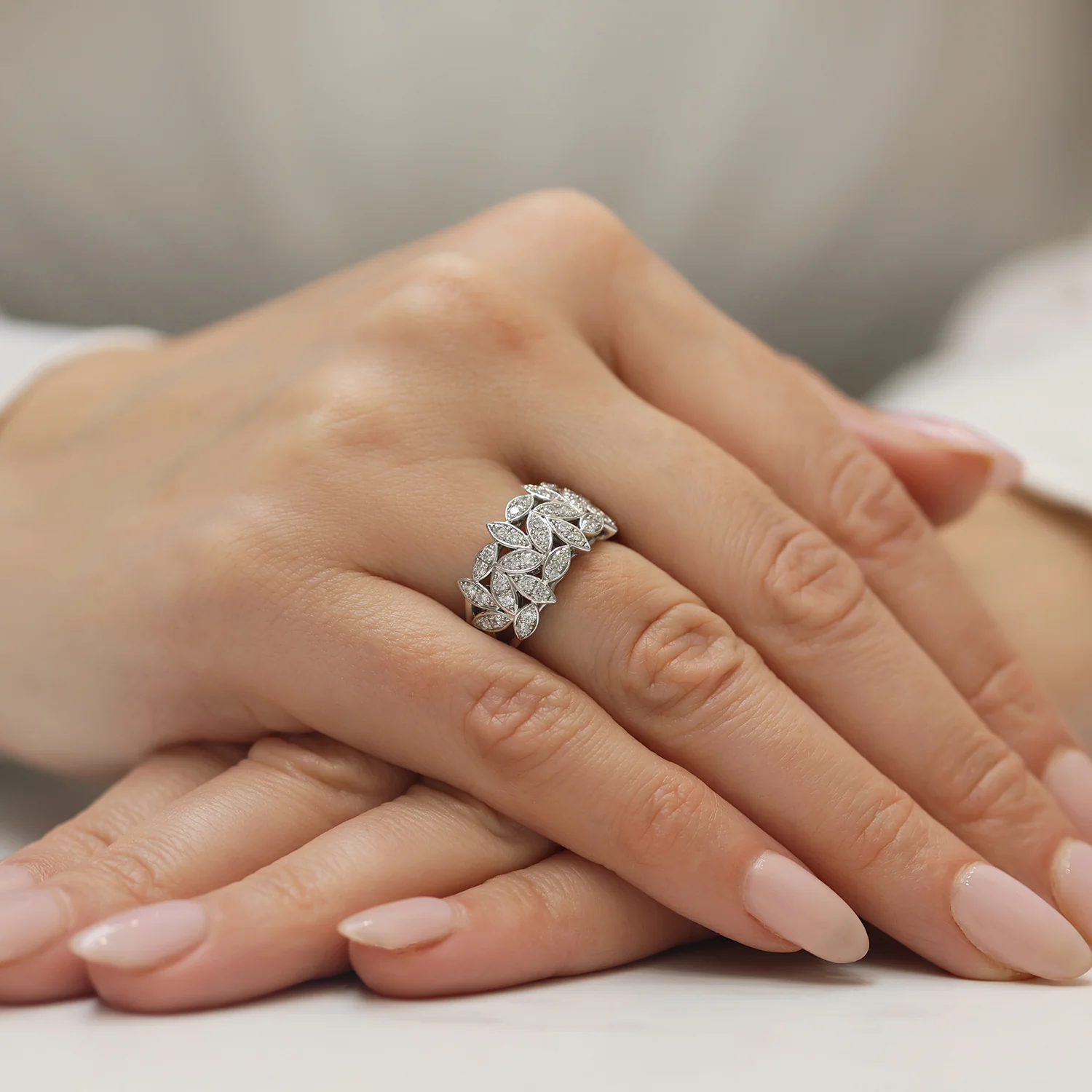 Platinum Round Brilliant Cut Diamond Fancy Leaf Design Wide Dress Ring - Image 2