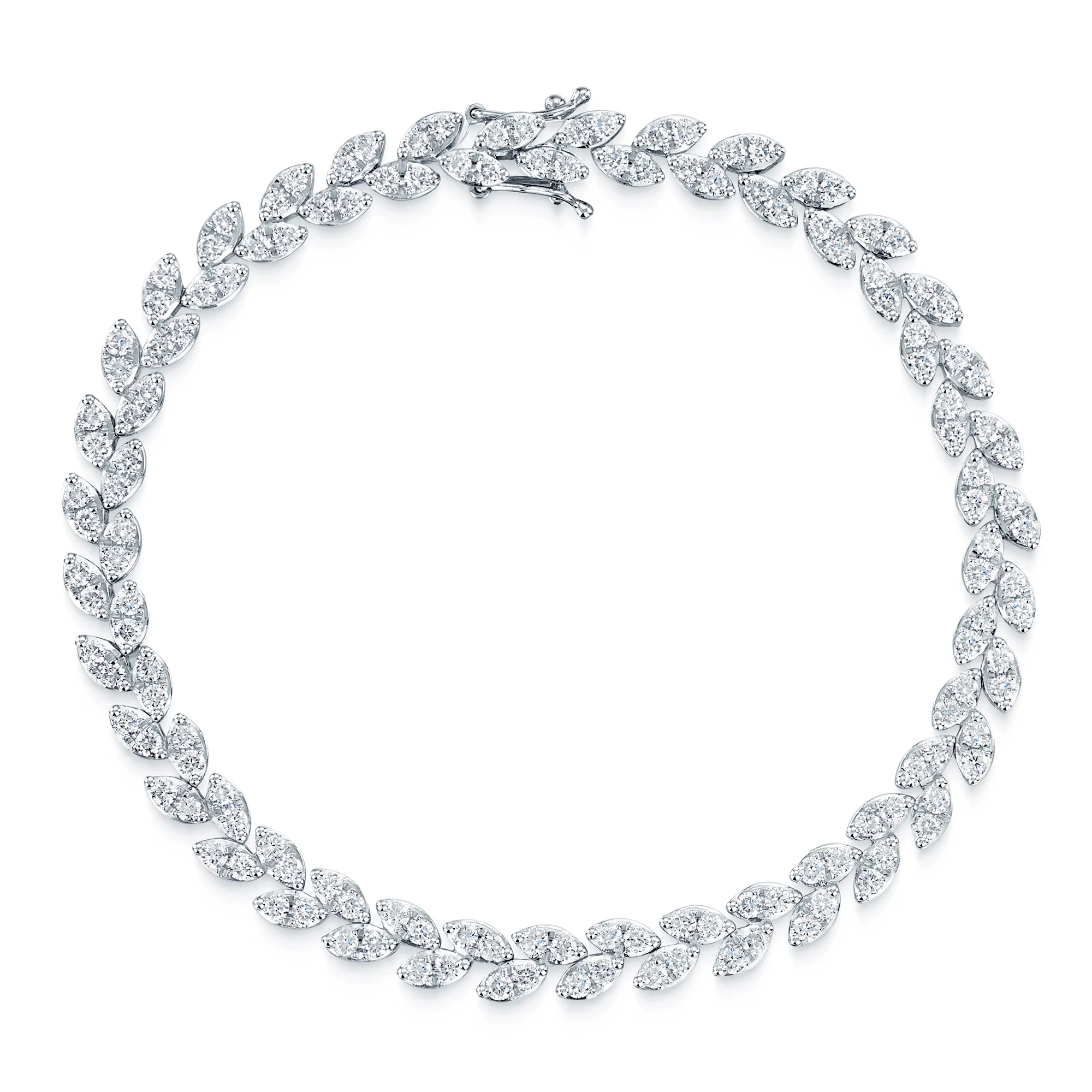 Platinum Round Brilliant Cut Diamond Leaf Design Tennis Bracelet - Image 3
