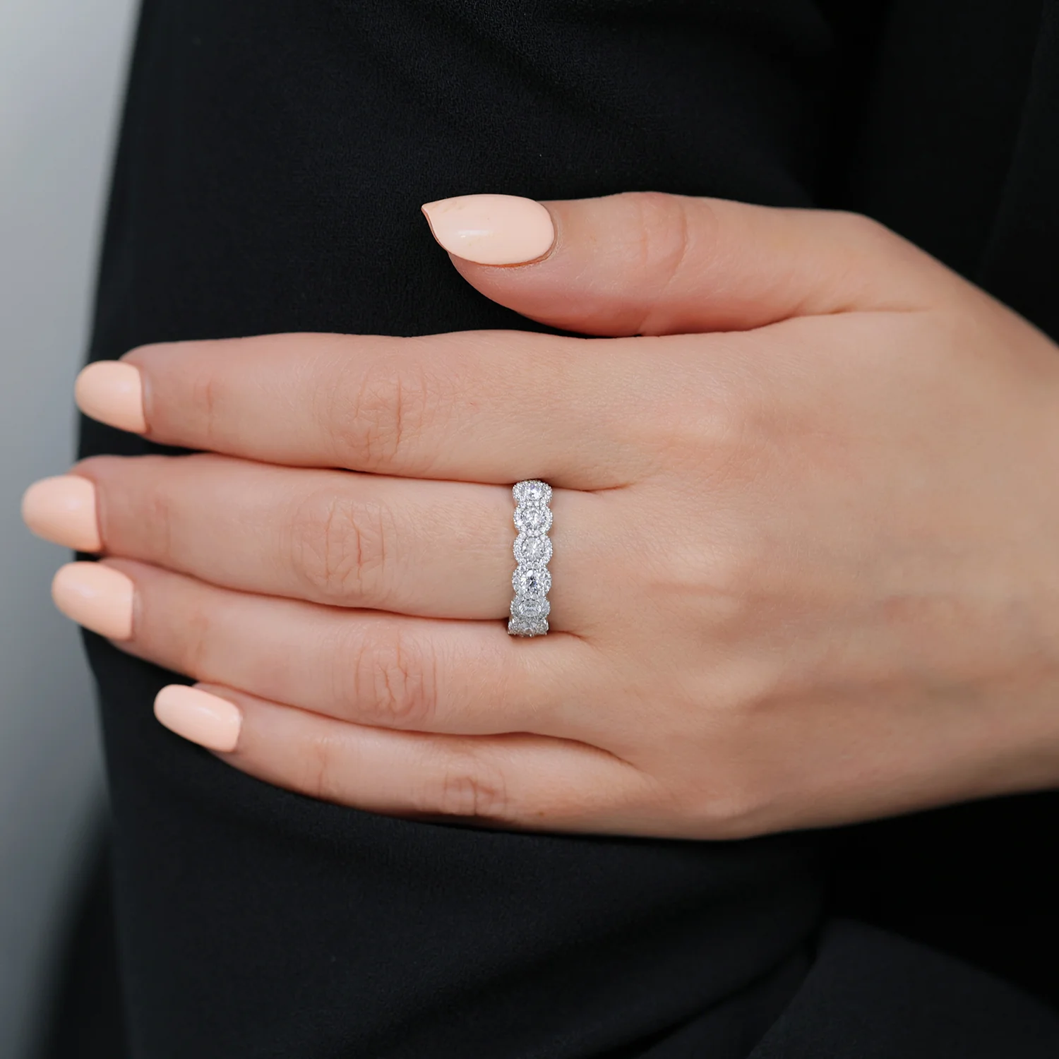 Platinum Round Brilliant Cut Diamond Seven Stone Halo Set Half Eternity Ring - Image 2