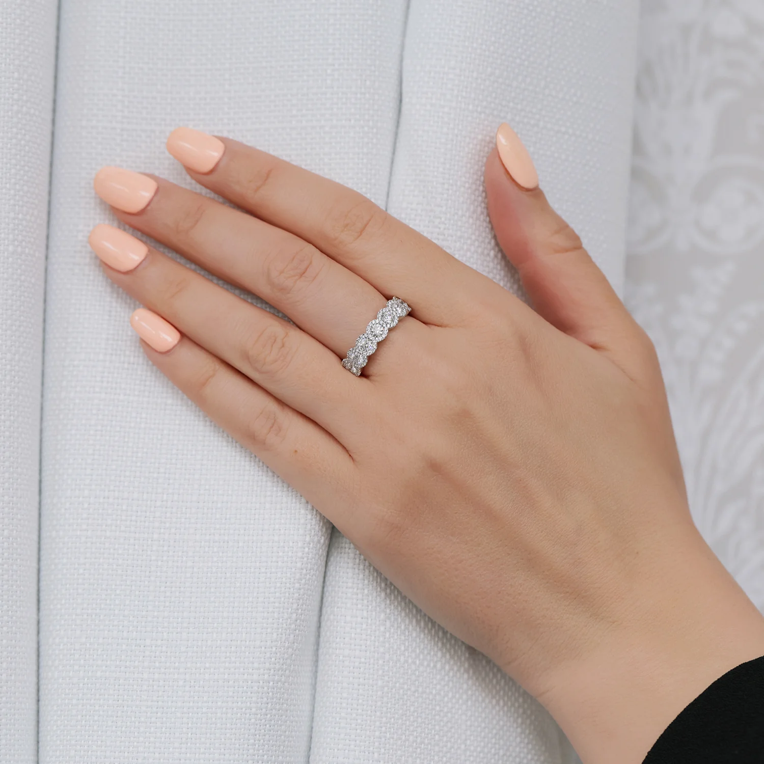 Platinum Round Brilliant Cut Diamond Seven Stone Halo Set Half Eternity Ring - Image 3
