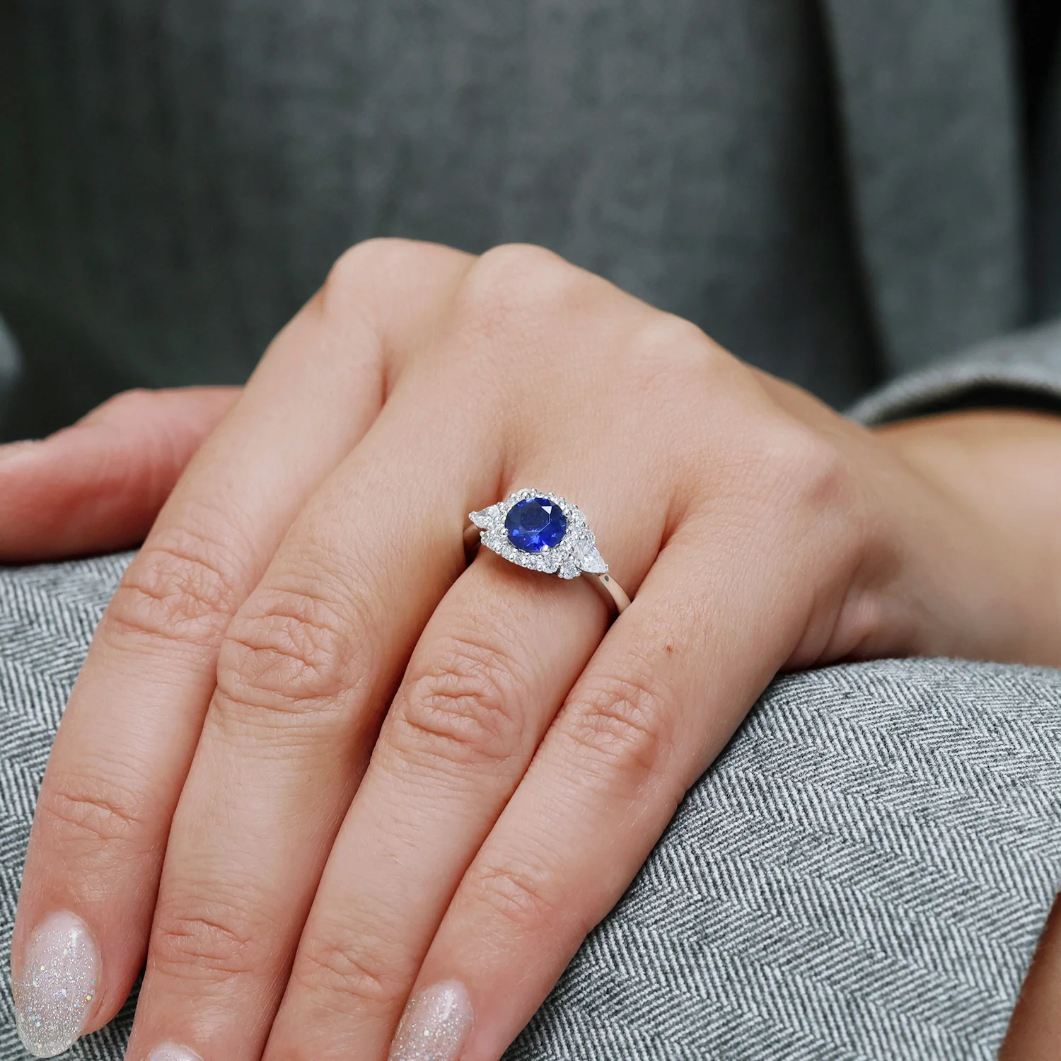 Platinum Round Brilliant Cut Sapphire And Diamond Cluster Ring - Image 2