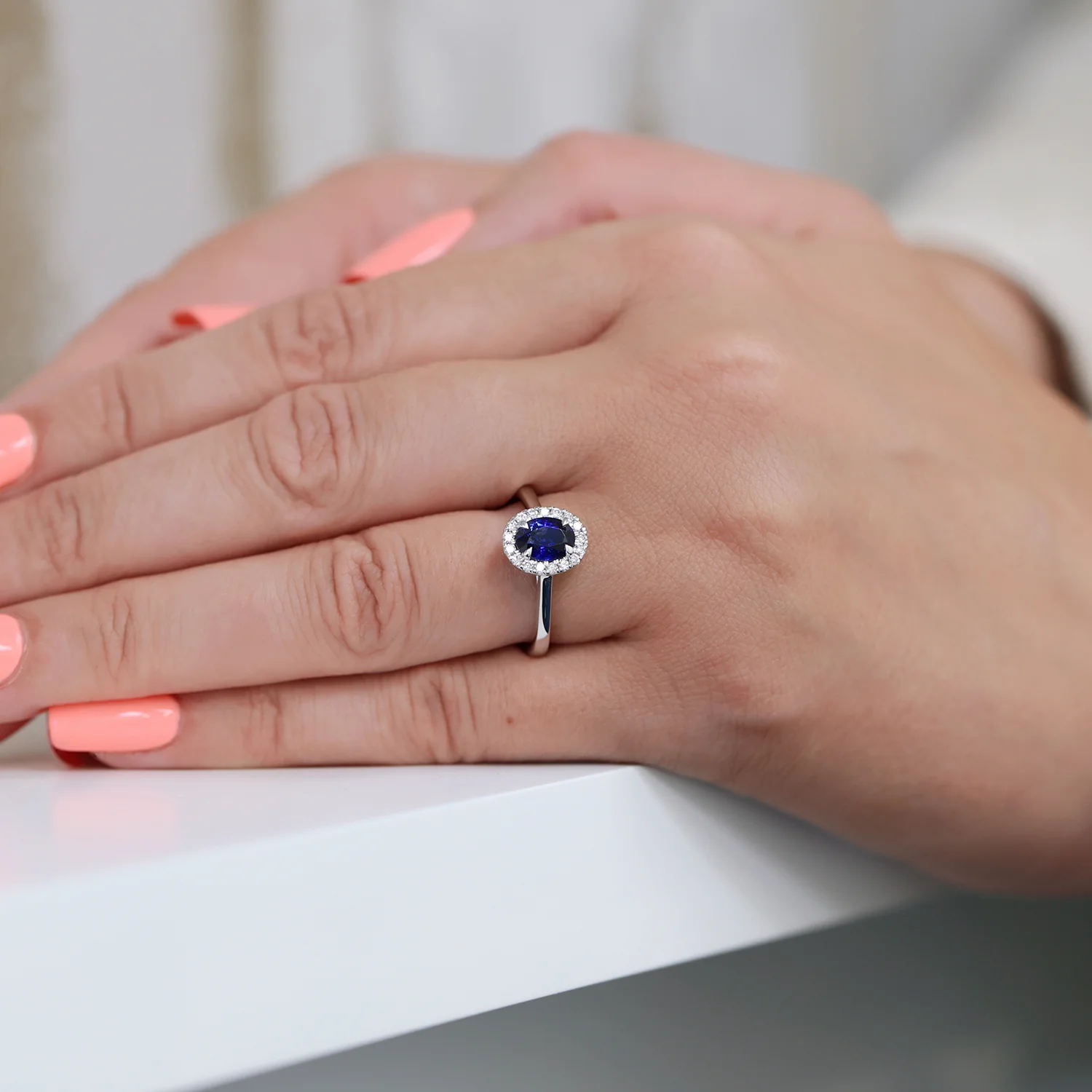 Platinum Sapphire And Diamond Halo Ring - Image 2