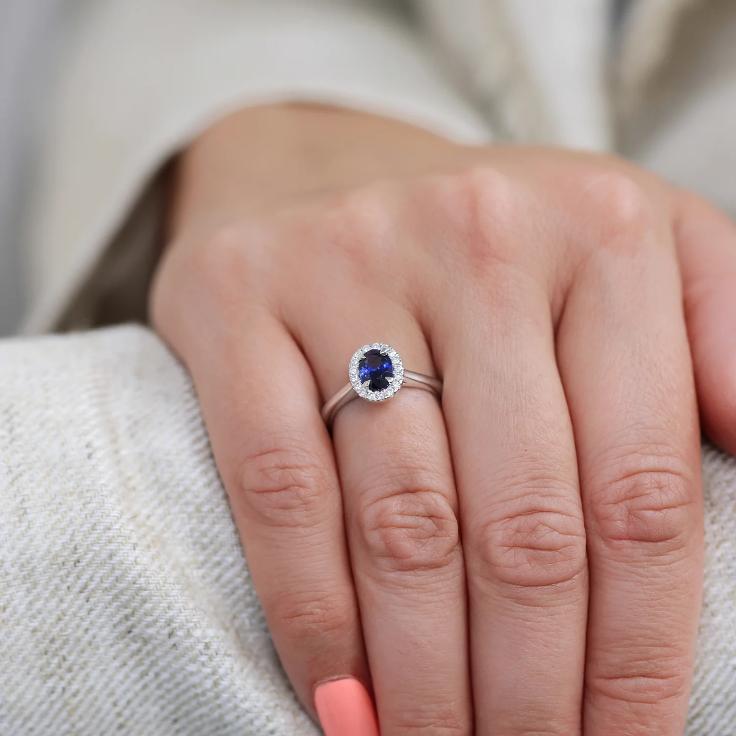 Platinum Sapphire And Diamond Halo Ring - Image 3