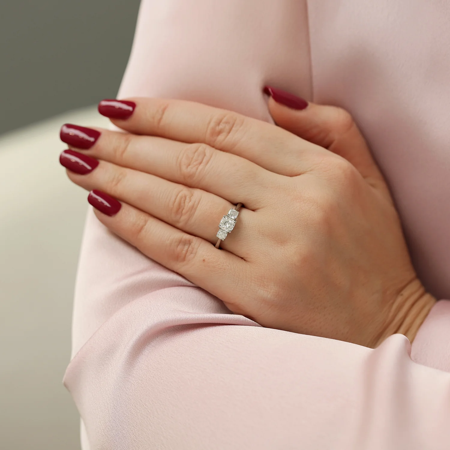 Platinum Set Cushion Cut GIA Diamond Three Stone Ring - Image 2