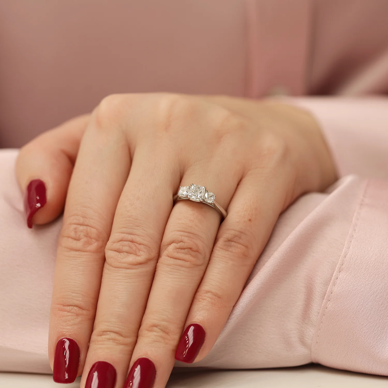 Platinum Set Cushion Cut GIA Diamond Three Stone Ring - Image 3