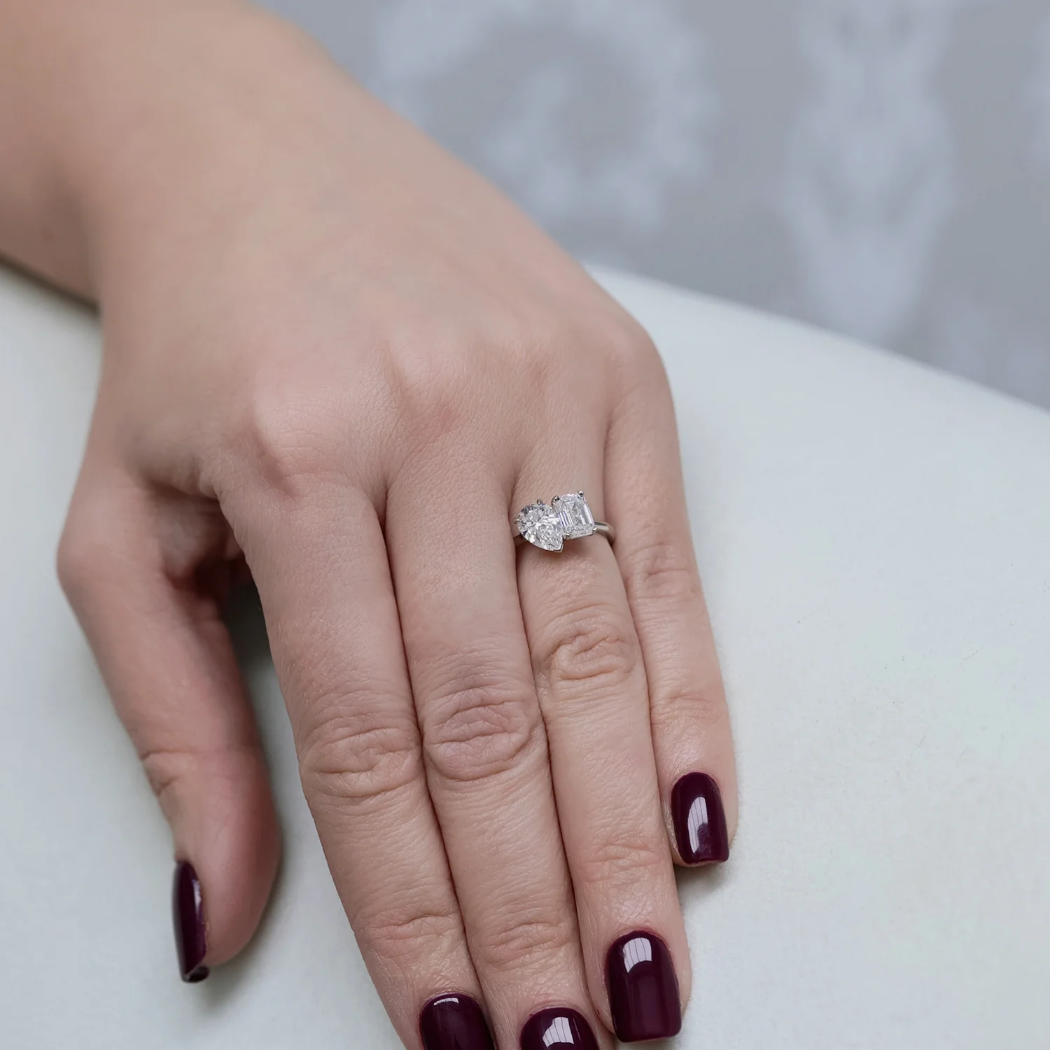 Platinum Toi et Moi Emerald Cut & Pear Cut Diamond Two Stone Ring - Image 2