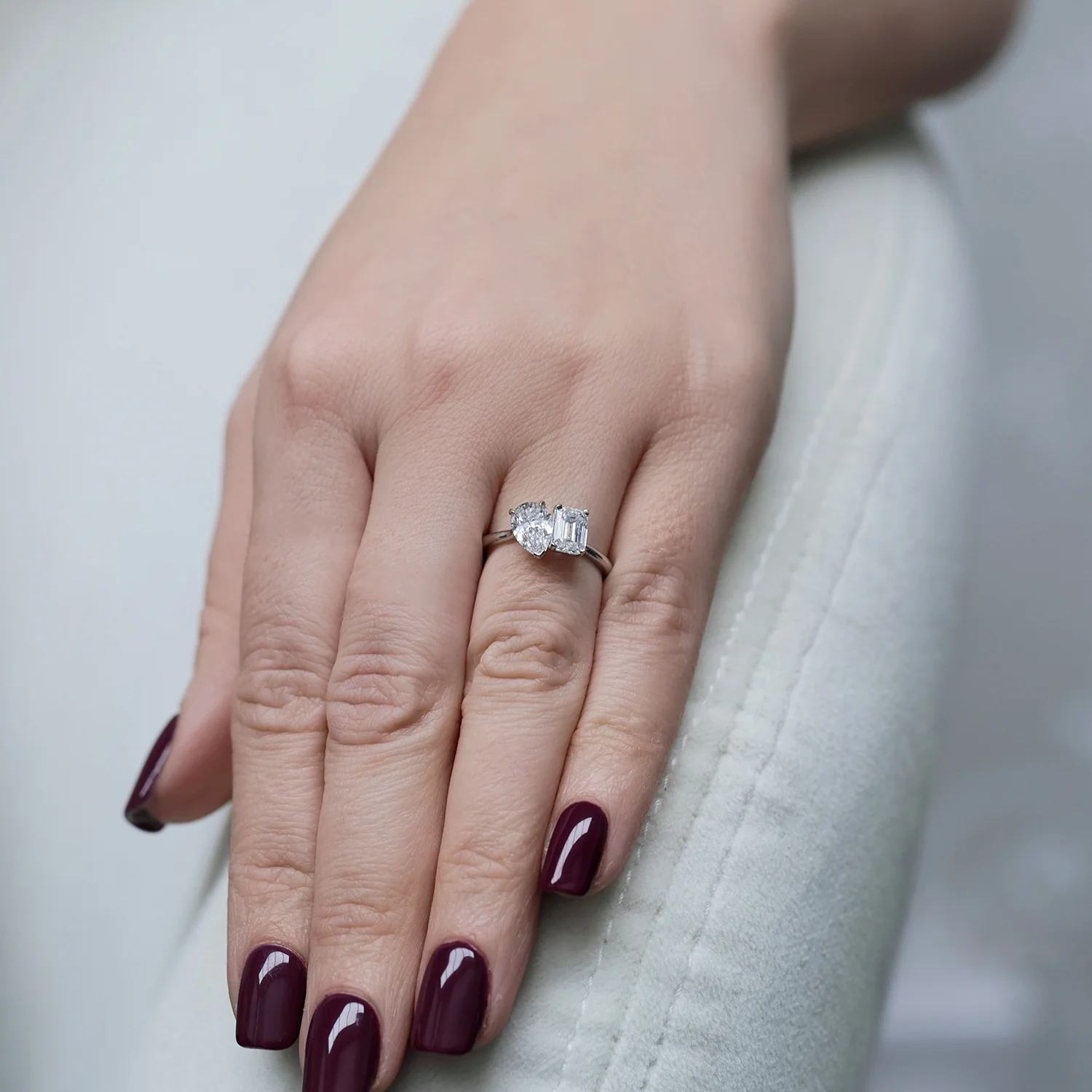 Platinum Toi et Moi Emerald Cut & Pear Cut Diamond Two Stone Ring - Image 3