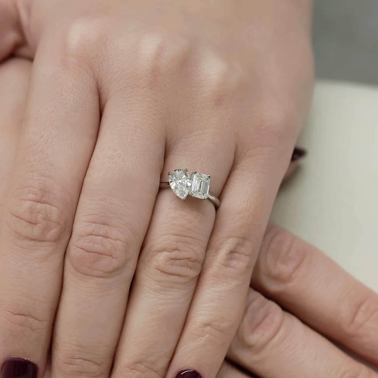 Platinum Toi et Moi Emerald Cut & Pear Cut Diamond Two Stone Ring - Image 5
