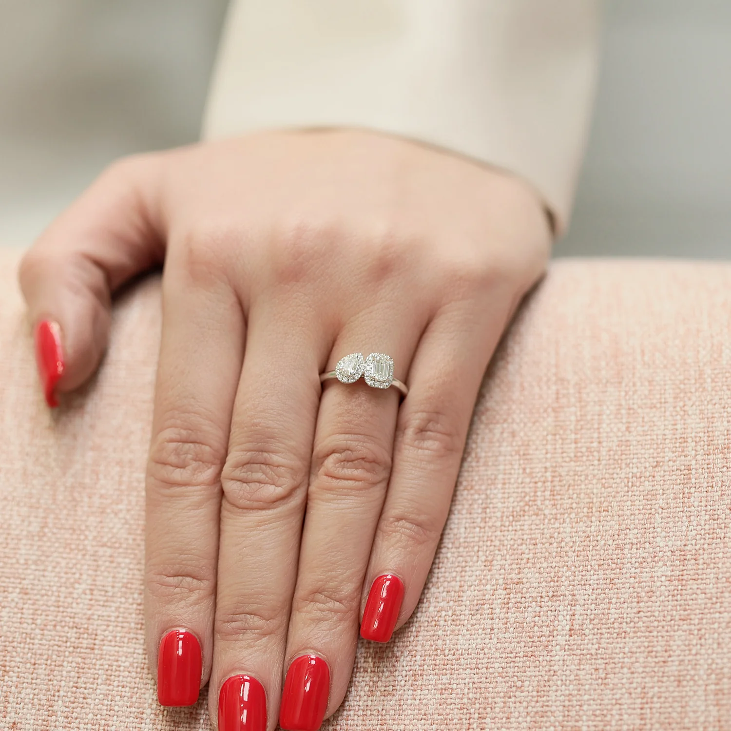 Platinum Toi et Moi Emerald Cut & Pear Cut Diamond Two Stone Halo Ring - Image 2