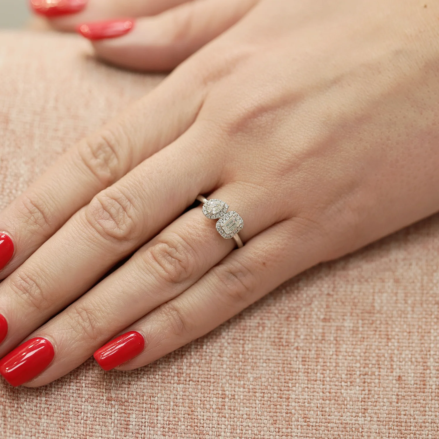 Platinum Toi et Moi Emerald Cut & Pear Cut Diamond Two Stone Halo Ring - Image 3