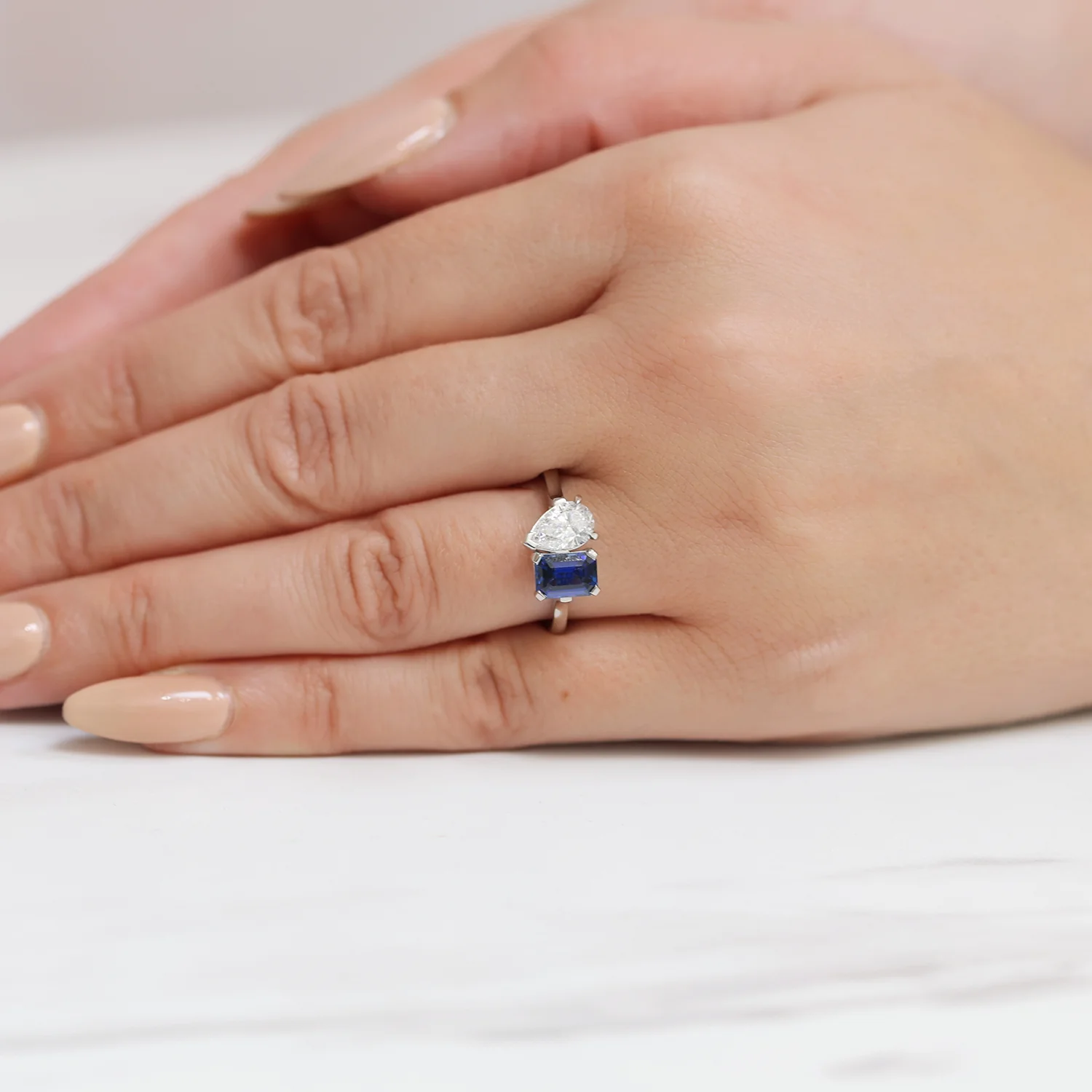 Platinum Toi et Moi Sapphire And Pear Cut Diamond Two Stone Ring - Image 2