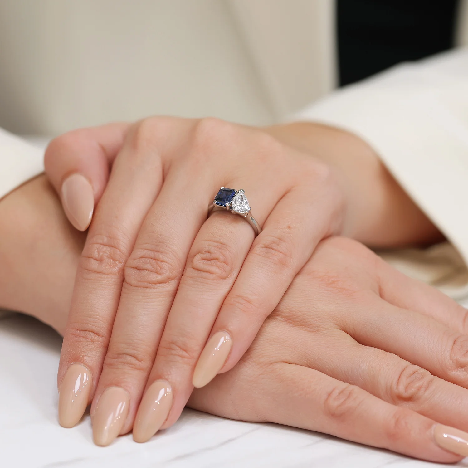 Platinum Toi et Moi Sapphire And Pear Cut Diamond Two Stone Ring - Image 3